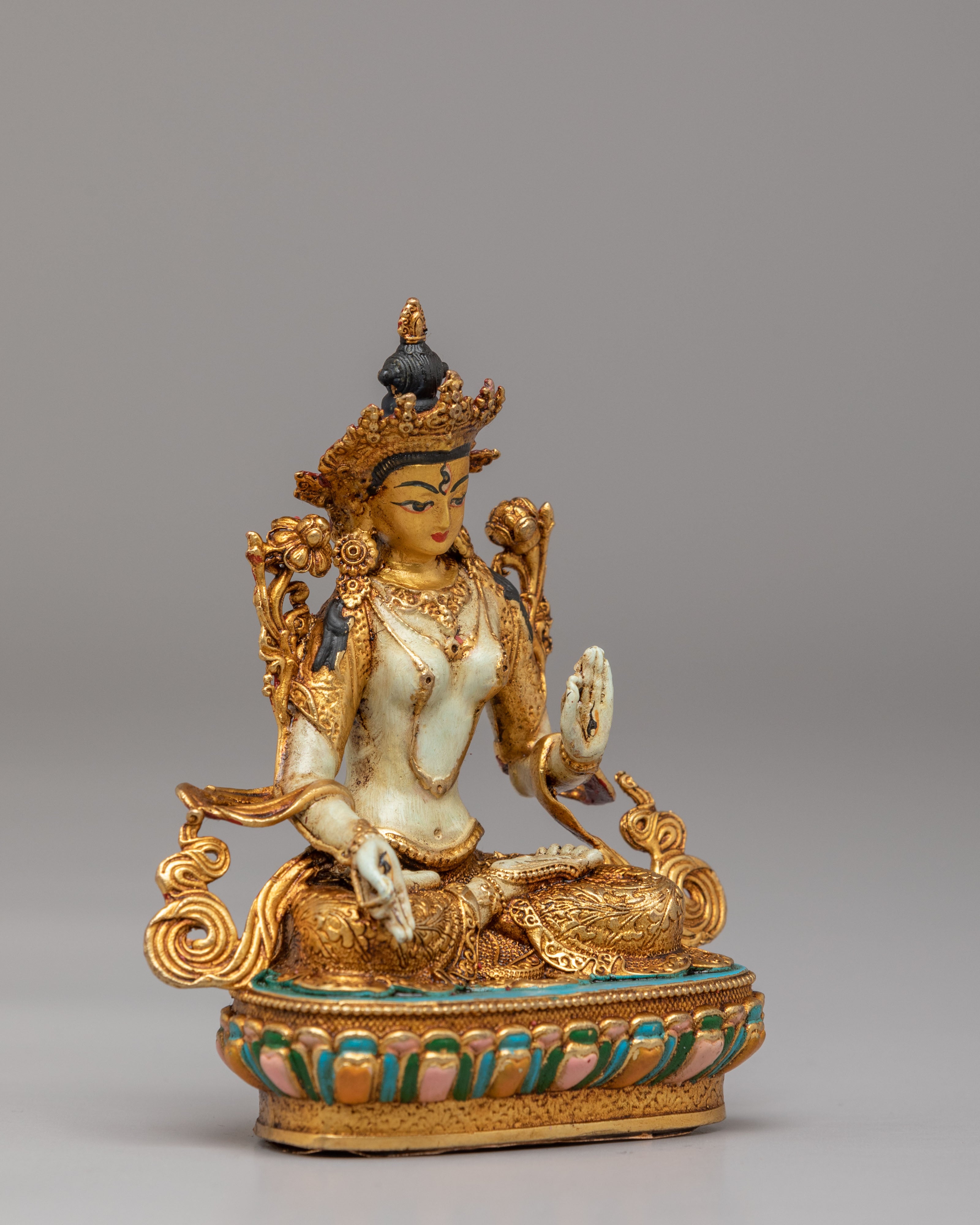 Sacred White Tara Goddess Statue | 24K Gold Plated Buddhist Healing Decor