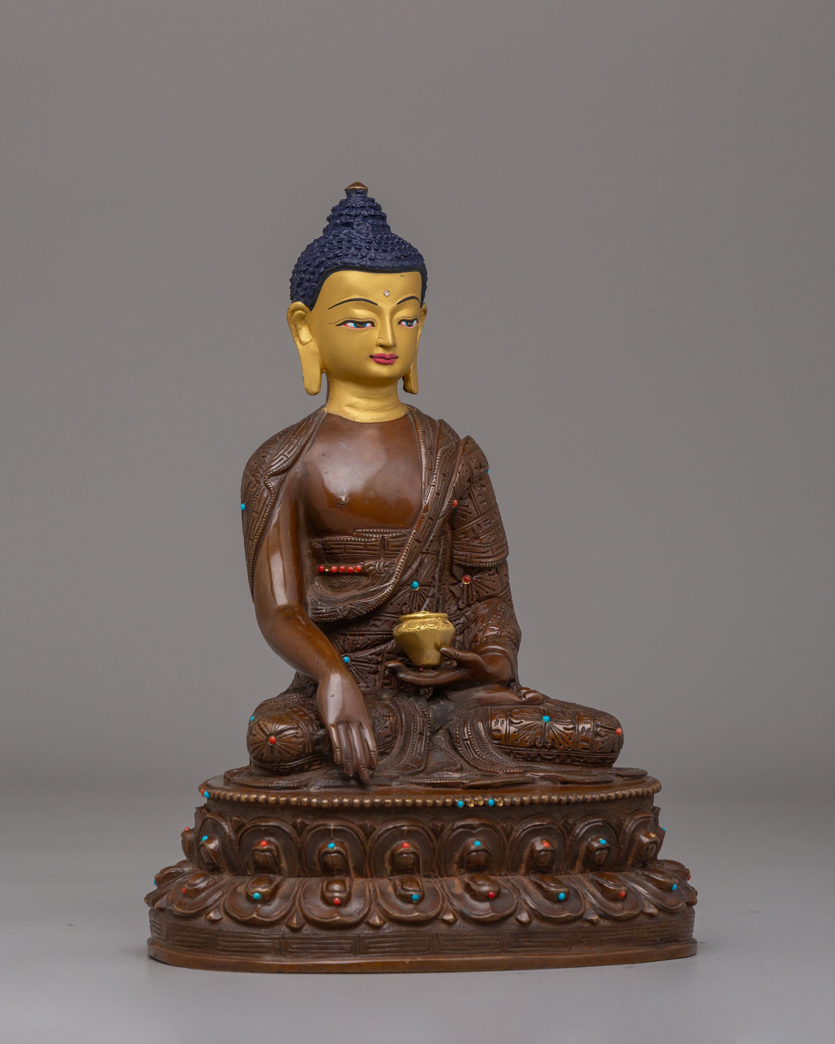 Handcrafted Shakyamuni Buddha Sculpture | Oxidized Copper Body with 24K Gold Plating