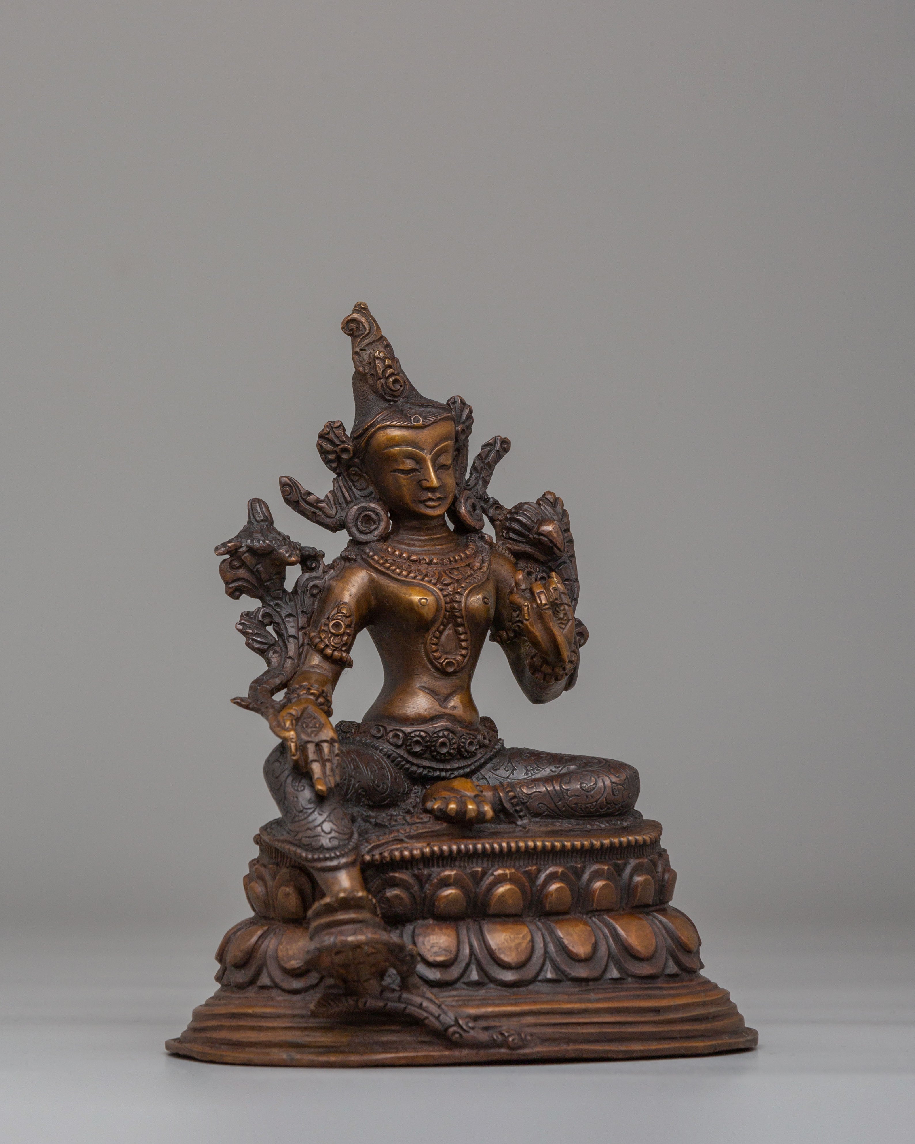 Himalayan Green Tara Goddess Statue | Oxidized Copper Tibetan Protector