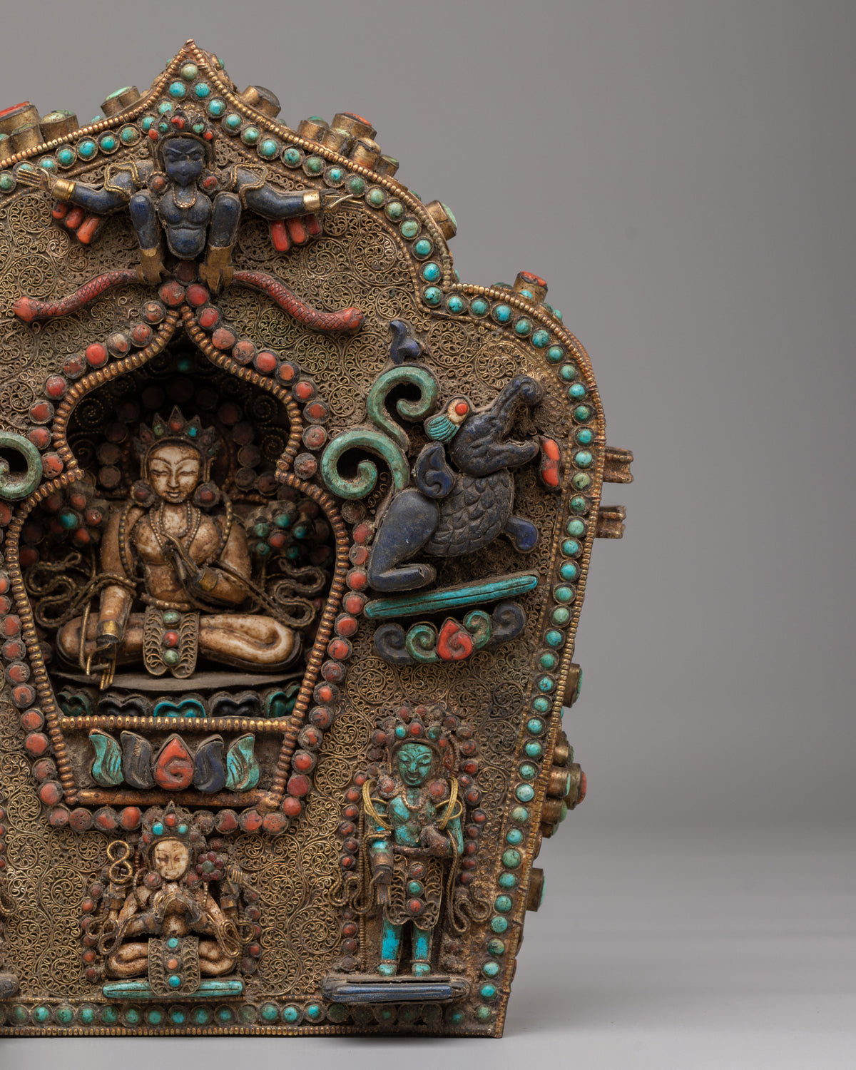 Handcrafted Ghau Box with Deity | Copper Ritual Box with Gemstones