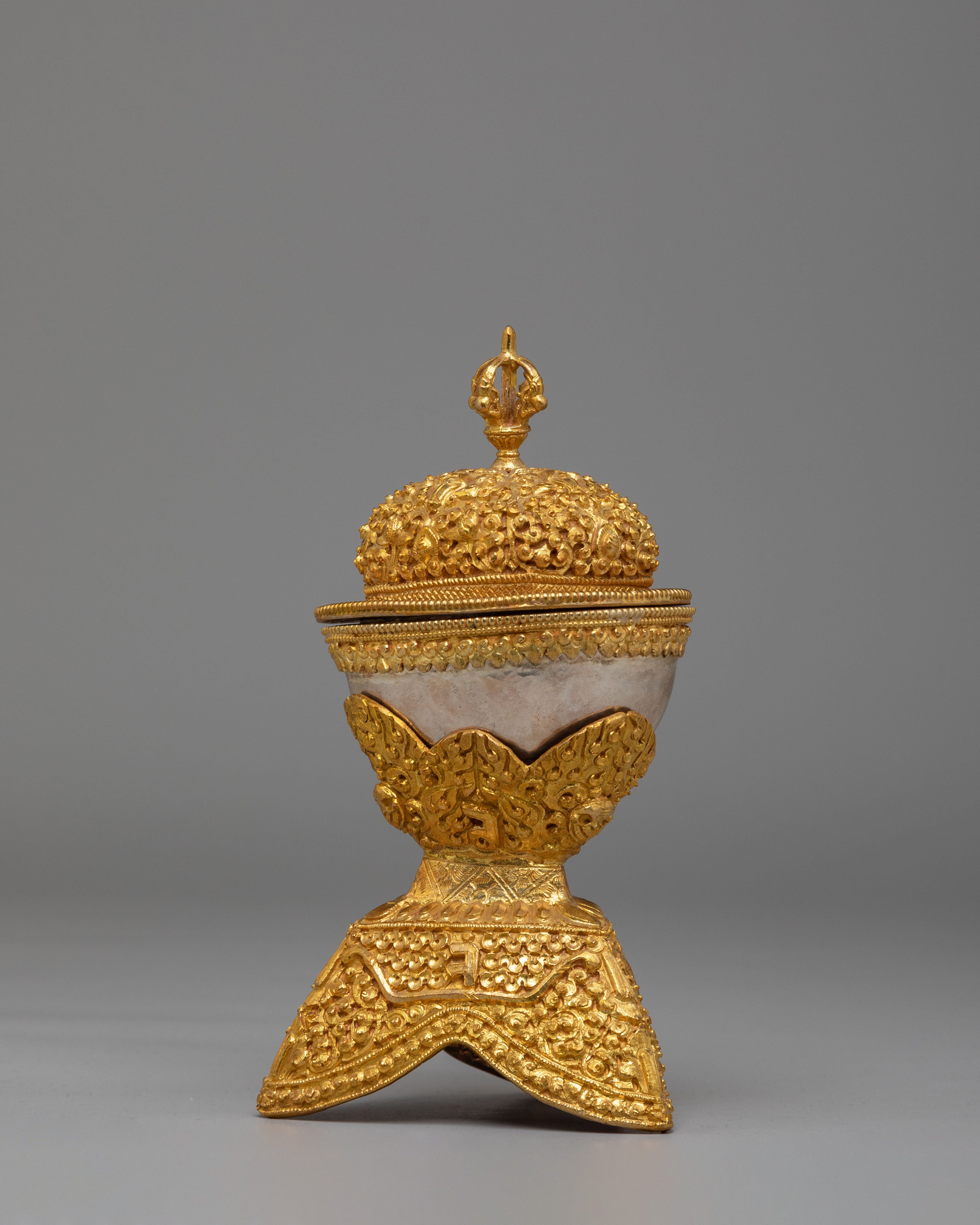 Spiritual Handcrafted Ritual Kapala Set | Gold & Silver Plated Tibetan Vessels