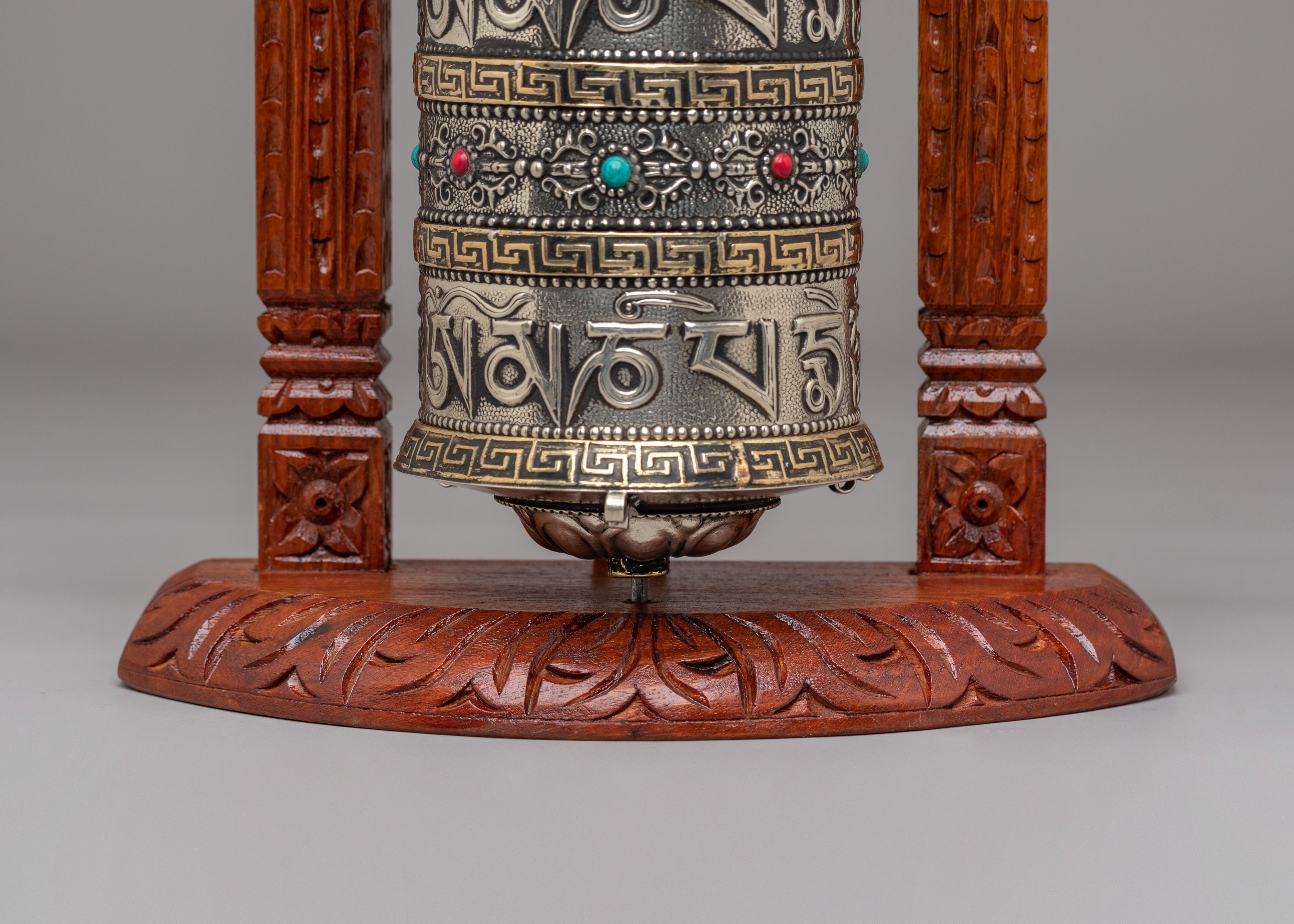 Decorative Prayer Wheel With Stand | Handcrafted Mantra Spinning Wheel