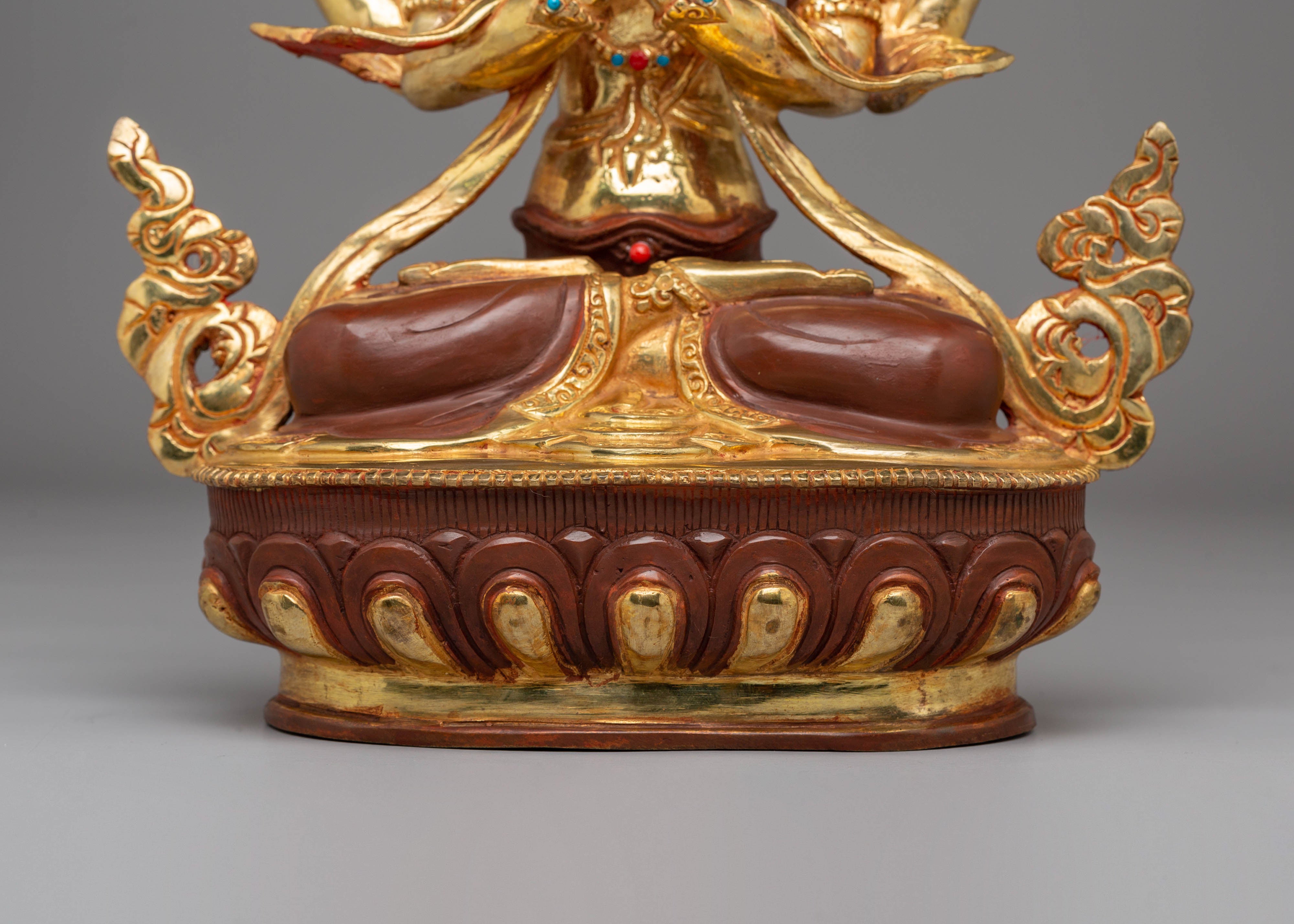 Sacred Bodhisattva Chenrezig Statue | Copper, Gold-Plated, Coral & Turquoise Inlays