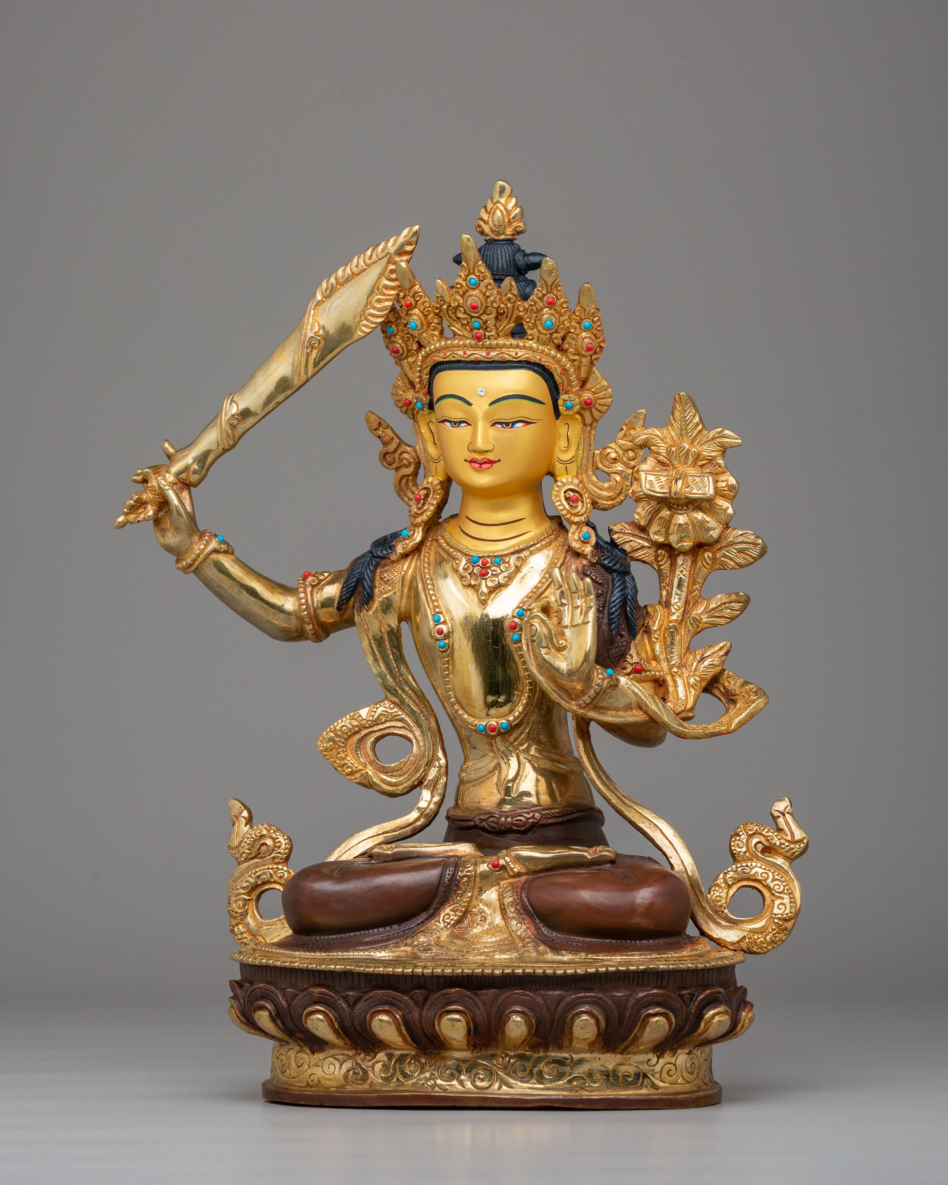 Spiritual Manjushri Altar Statue | 24K Gold Plated Tibetan Buddhist Deity