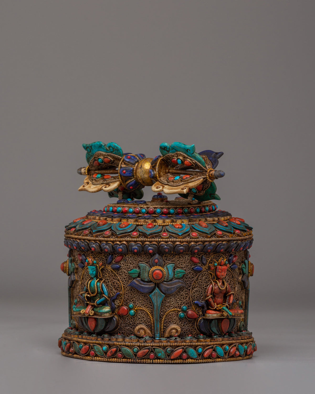 Tibetan Vajra with Dharma Dhatu | Gemstone-Inlaid Buddhist Sacred Artwork