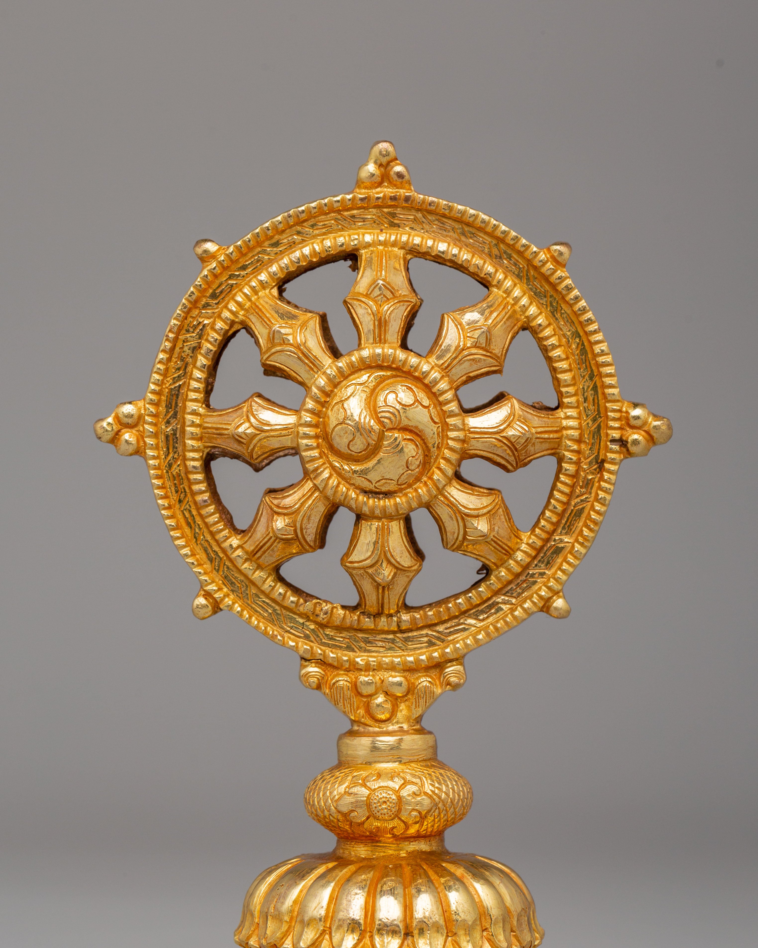 Traditional Dharma Wheel for Ritual | Copper Electro Gold Plated Wheel with Deer