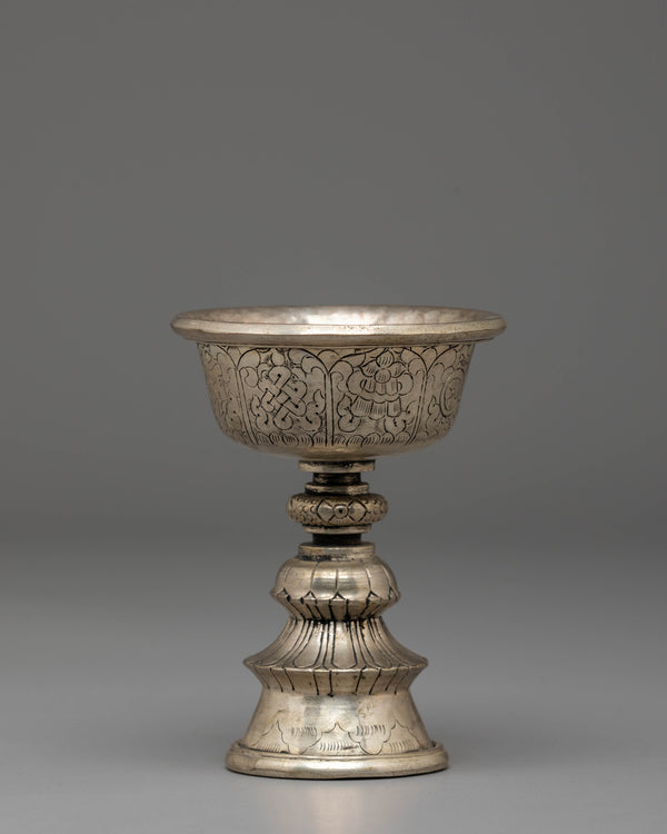 Handmade Buddhist Dharma Offering Lamp | Silver Plated Copper Ritual Light