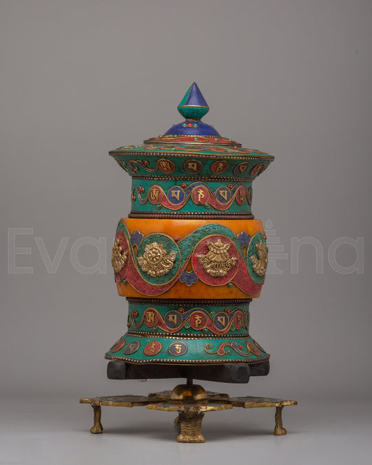 Auspicious Symbol Prayer Wheel | Handcrafted Tibetan Buddhist Ritual Object