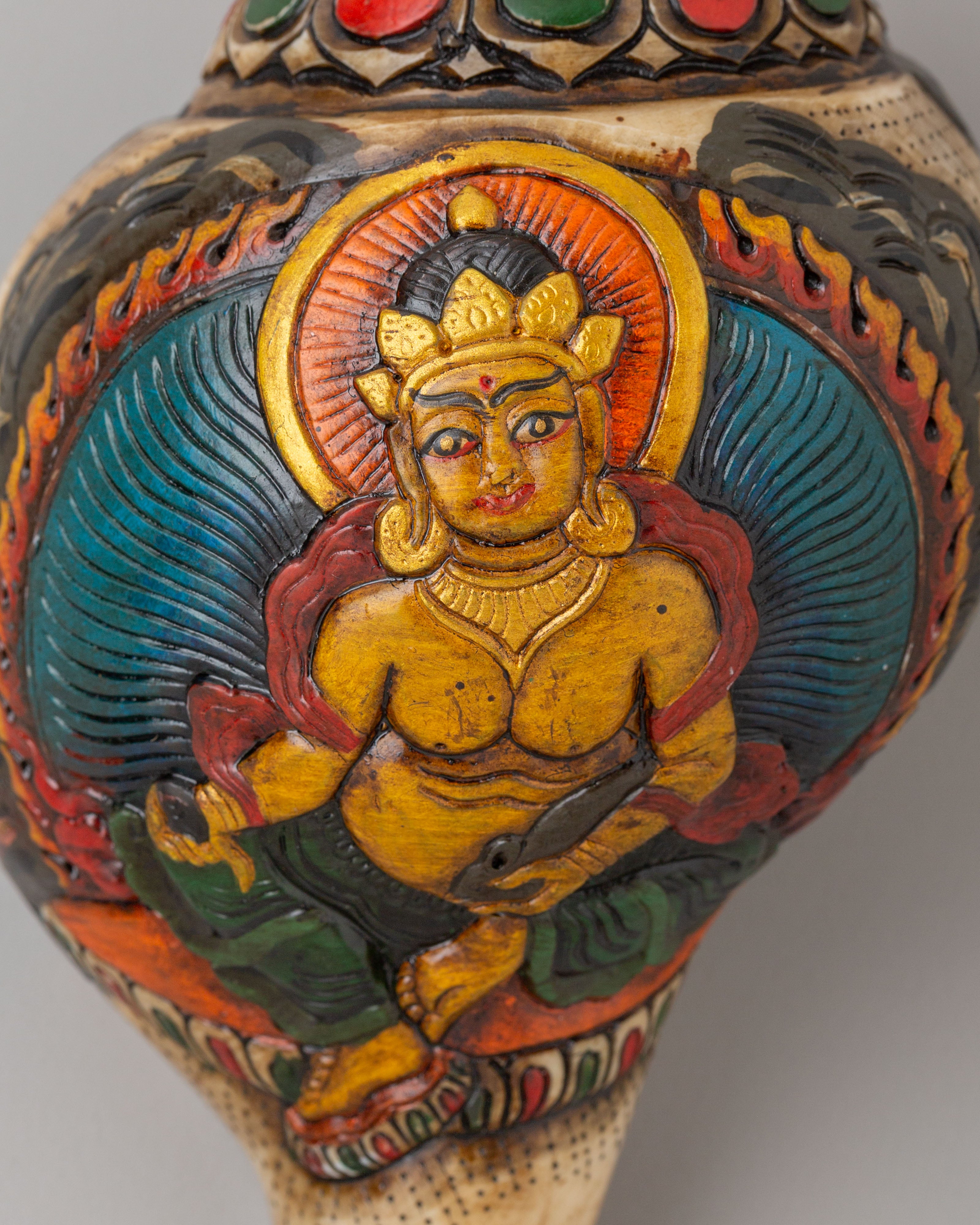 Dzambhala Carved Ritual Conch | Tibetan Buddhist Altar Decor