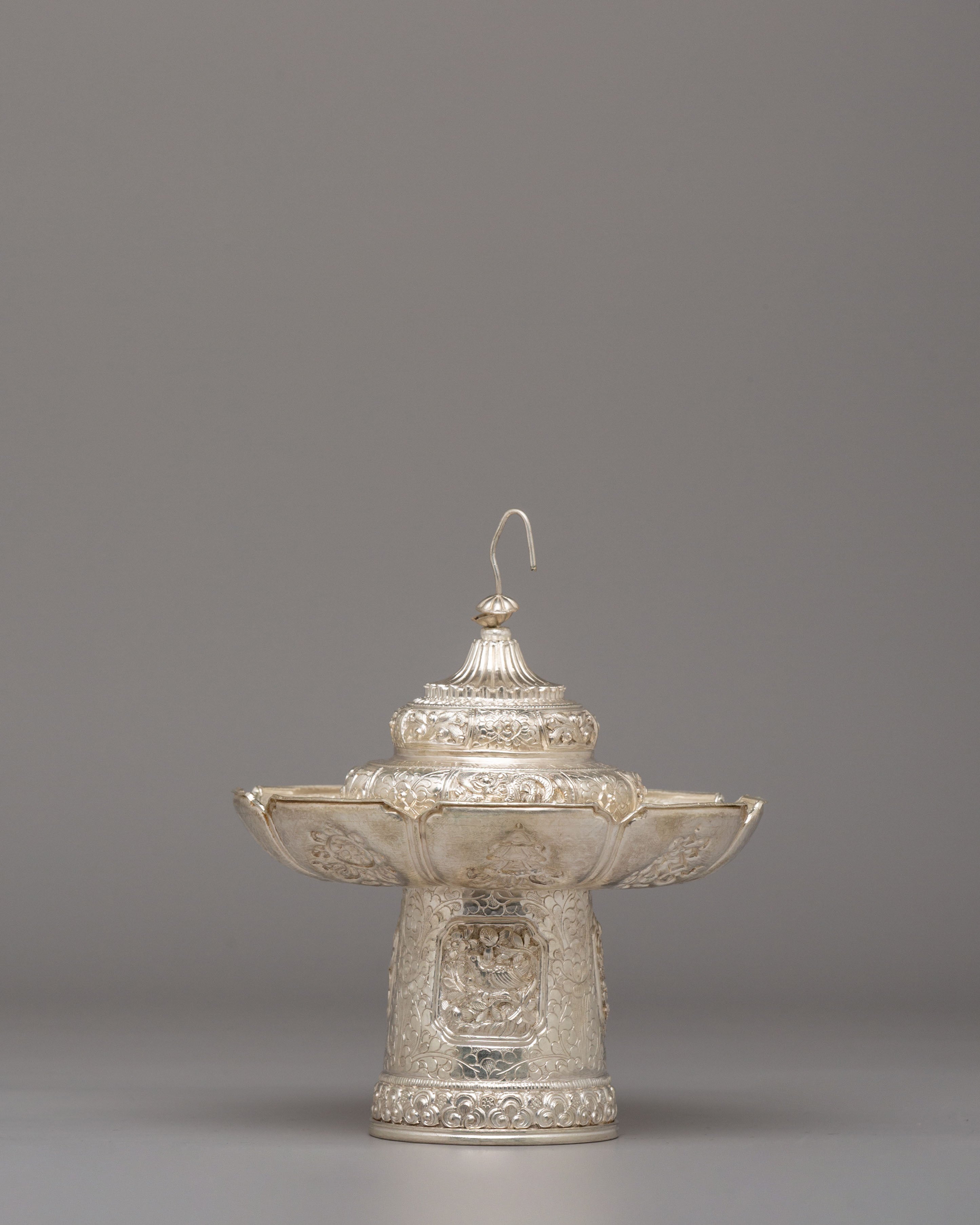Traditional Tea Cup Cover Set | White Metal Tibetan Ritual Decor