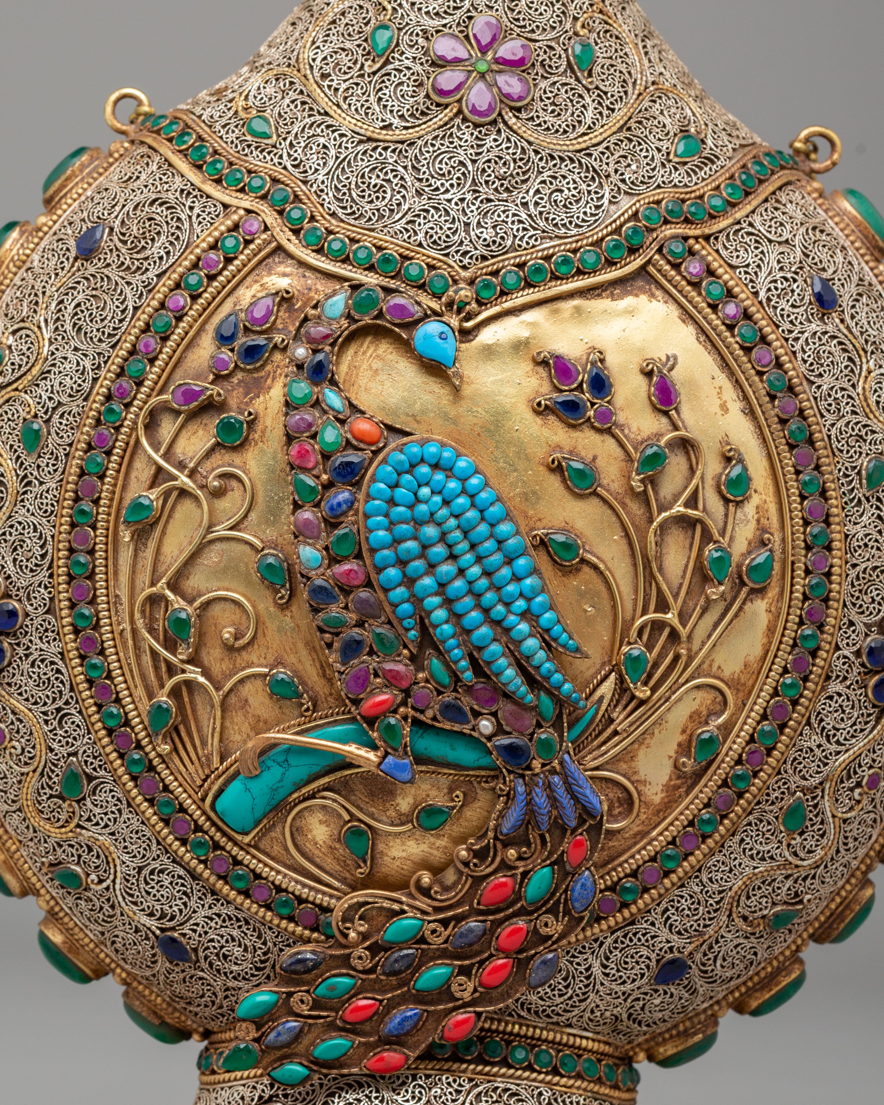 Handcrafted Snuffpot With Peacock Design | Copper Silver Artwork