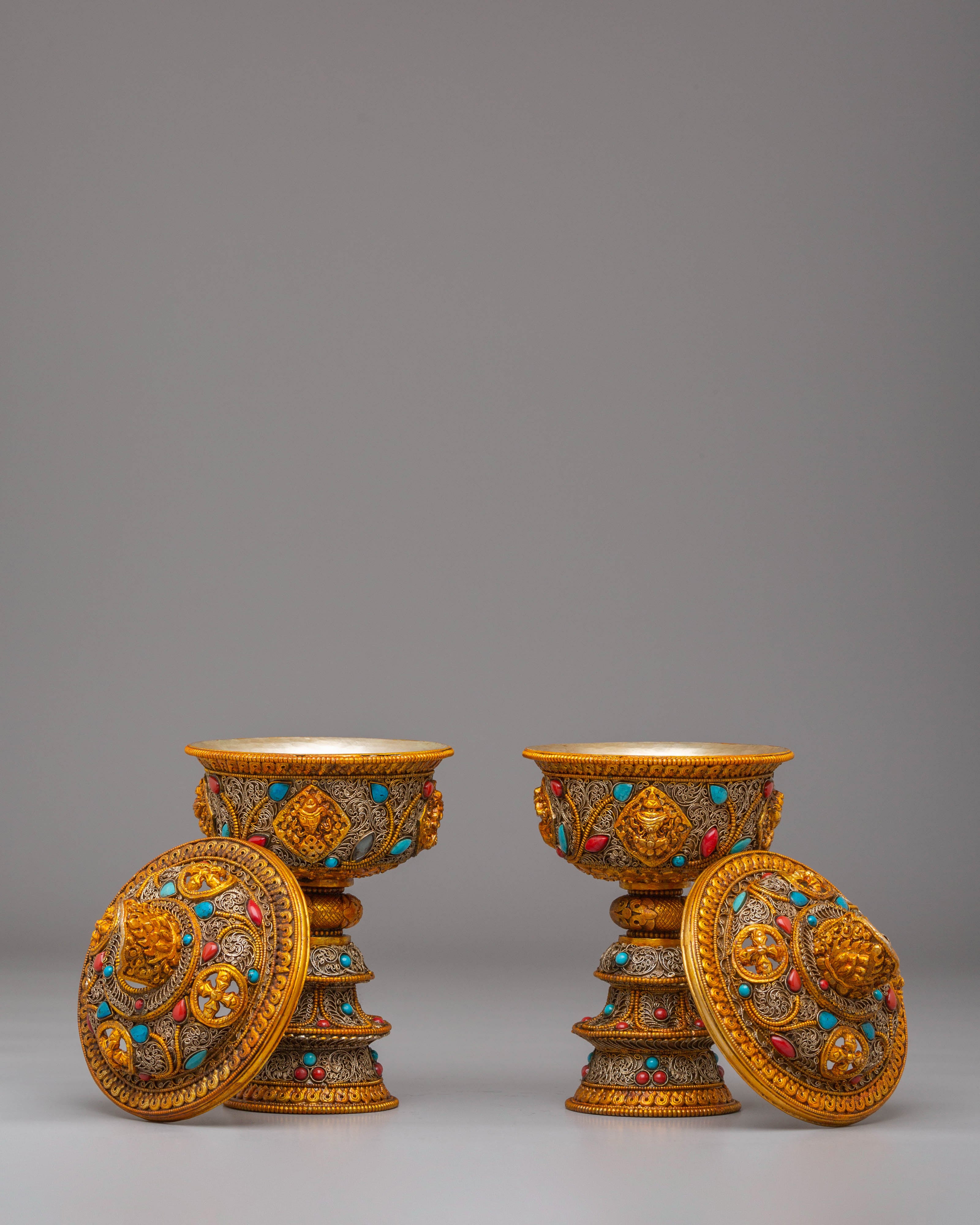 Electro Gold Plated Butter Lamp Set for Ritual Use | Tibetan Altar Decor