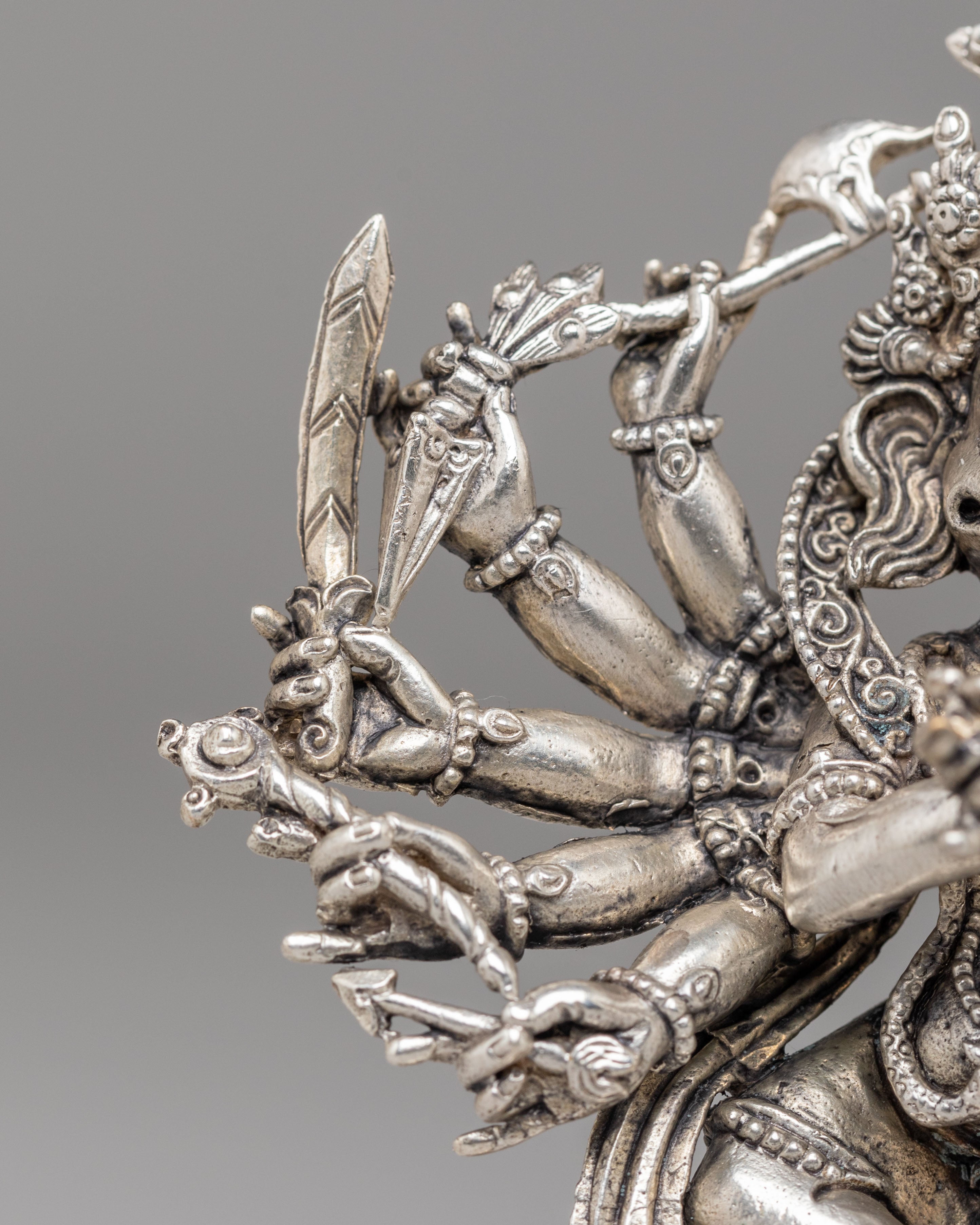 12-Armed Maha Rakta Ganesh Statue | Machine Made Silver Plated Hindu Deity
