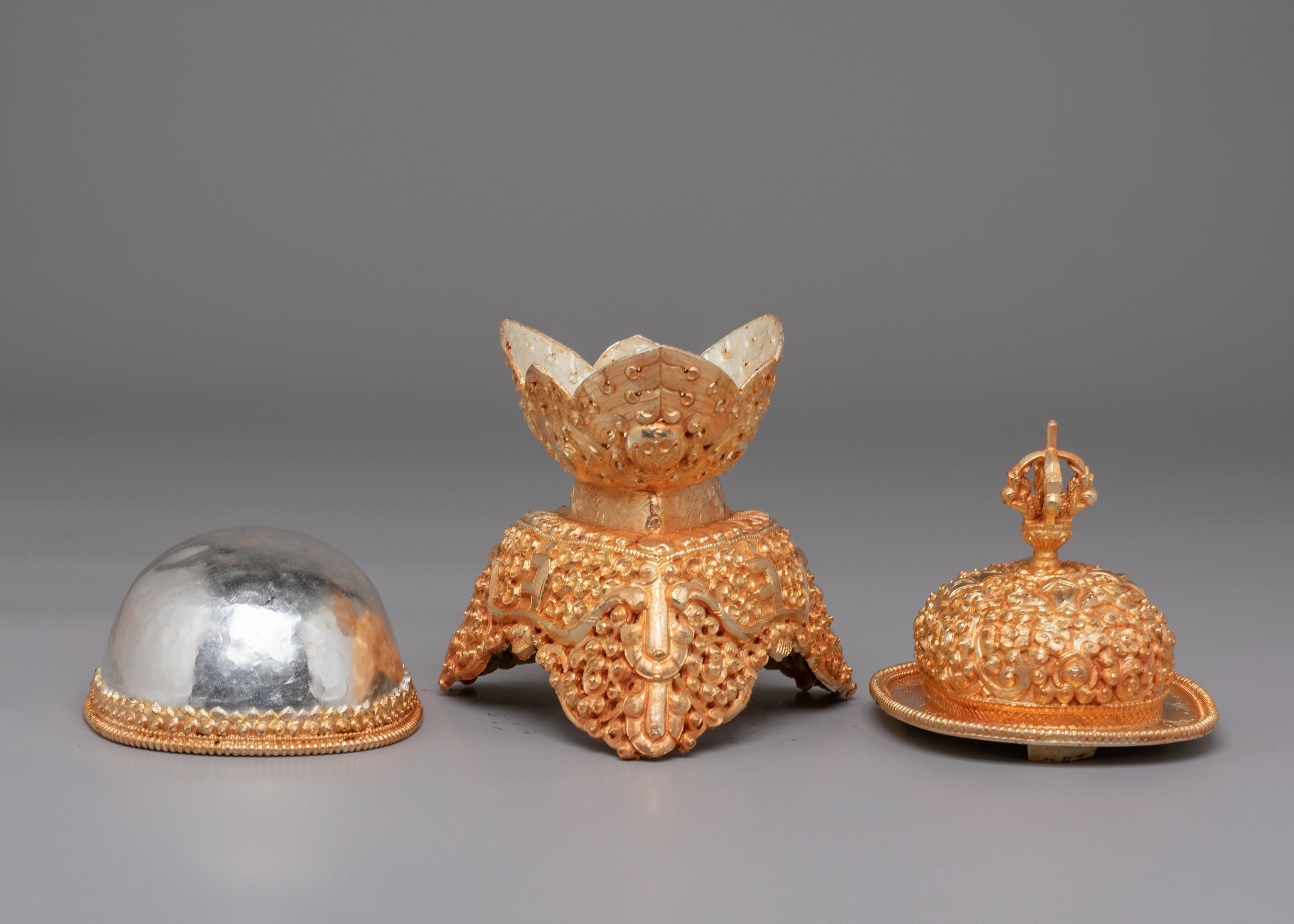 Tibetan Altar Offering Kapala | Copper Body with Electro Gold & Silver Plating