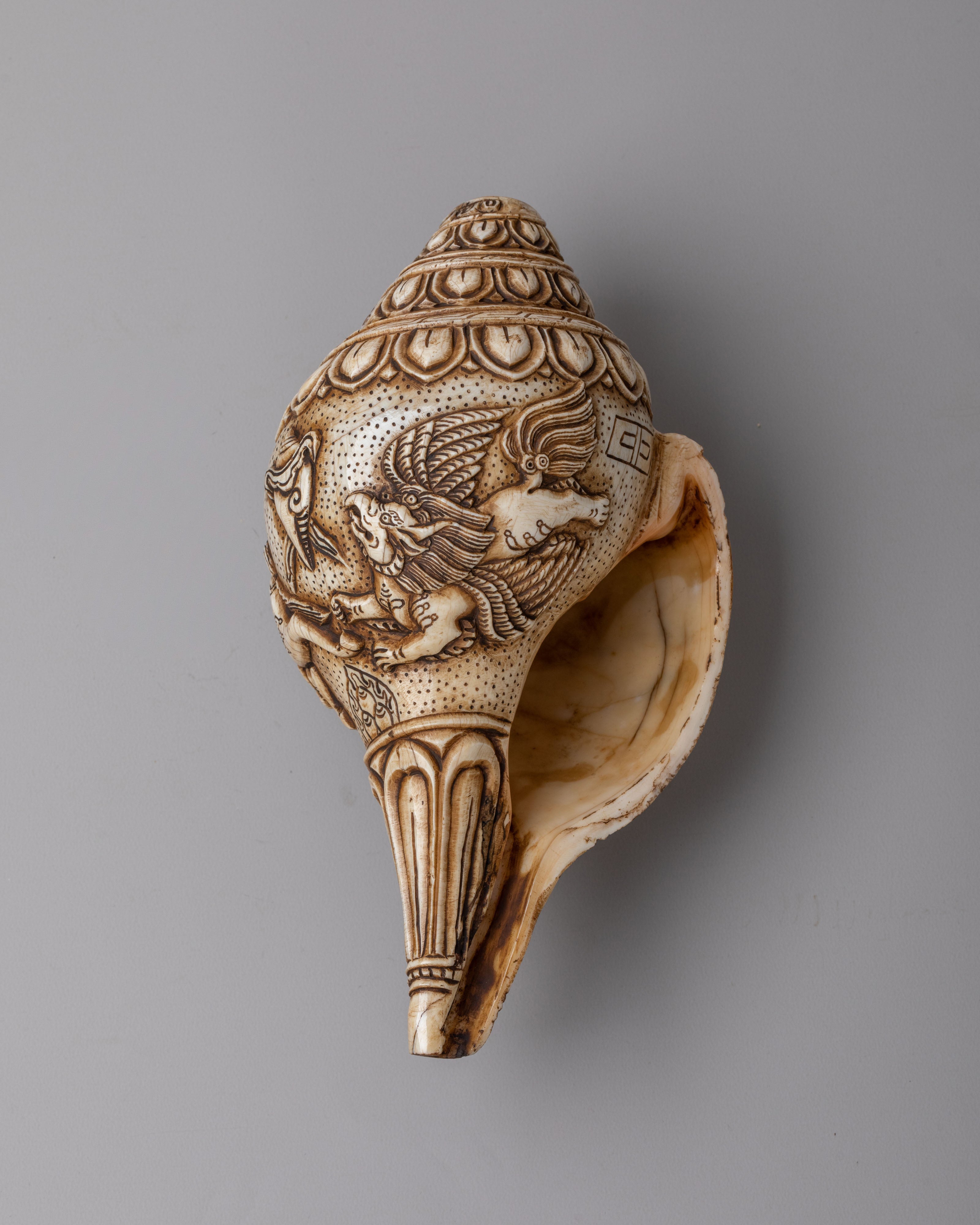 Handcarved Ritual Conch | Sacred Buddhist Artifact