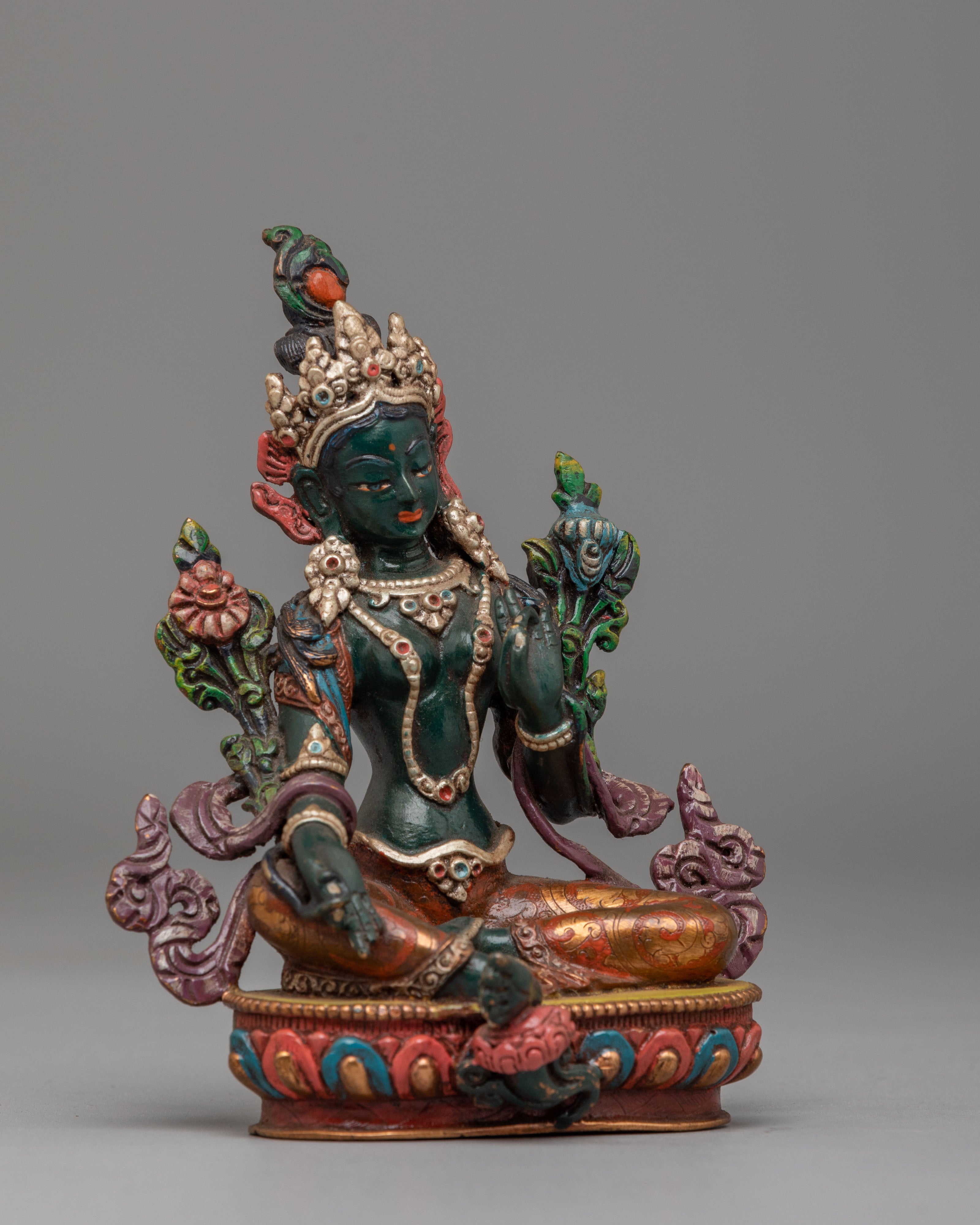 Himalayan Altar Green Tara Deity Statue | Copper Body with Silver Plating