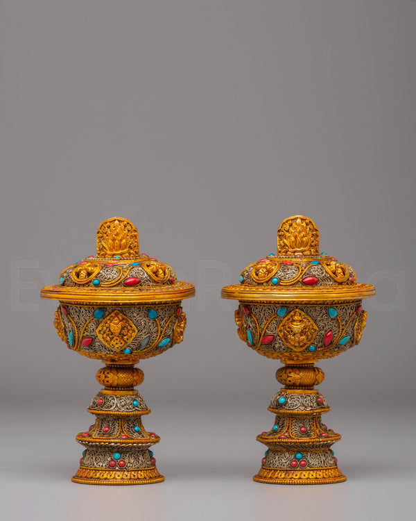 Electro Gold Plated Butter Lamp Set for Ritual Use | Tibetan Altar Decor
