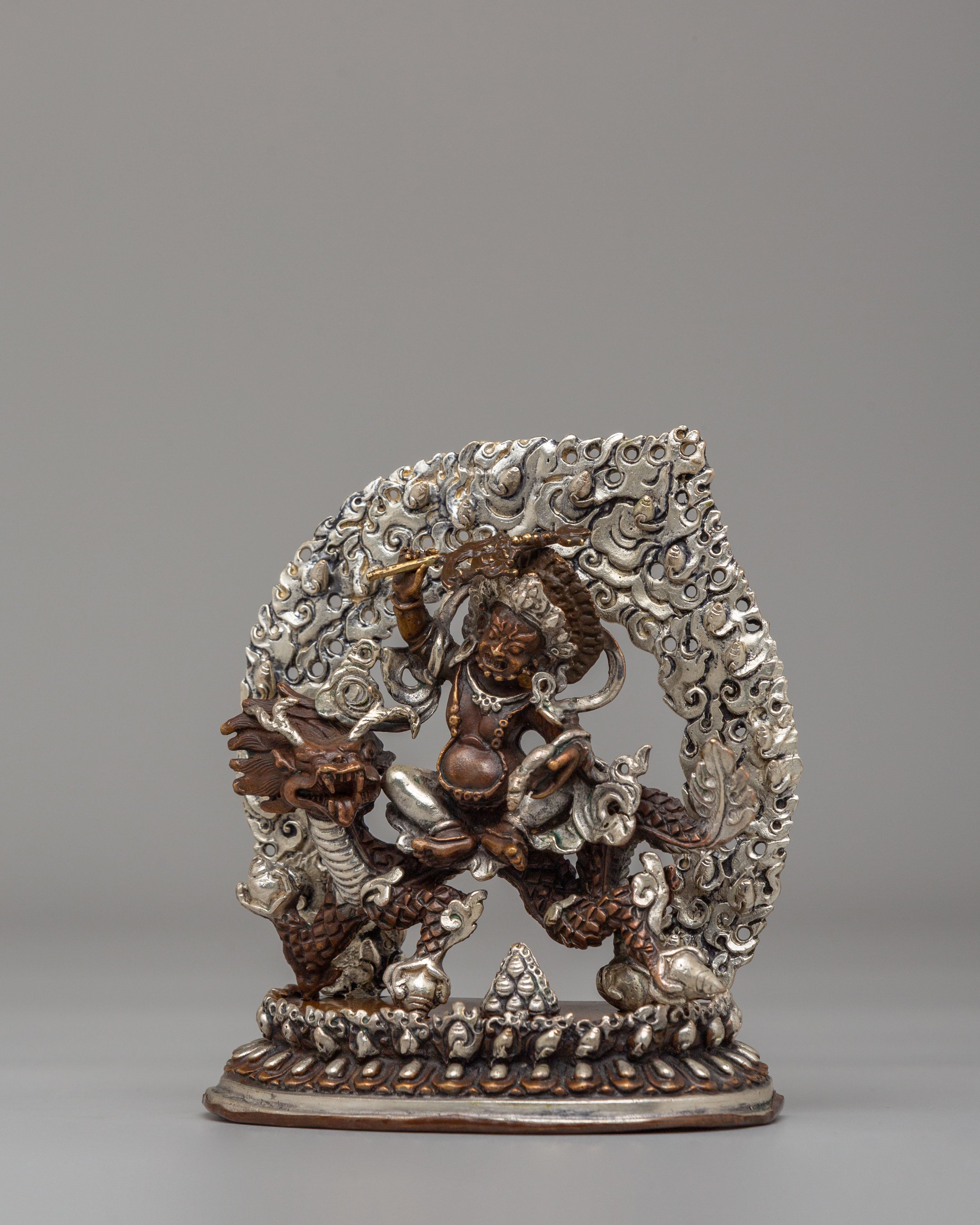 White Dzambhala Wealth Deity Statue | Silver Plated Oxidized Copper Body