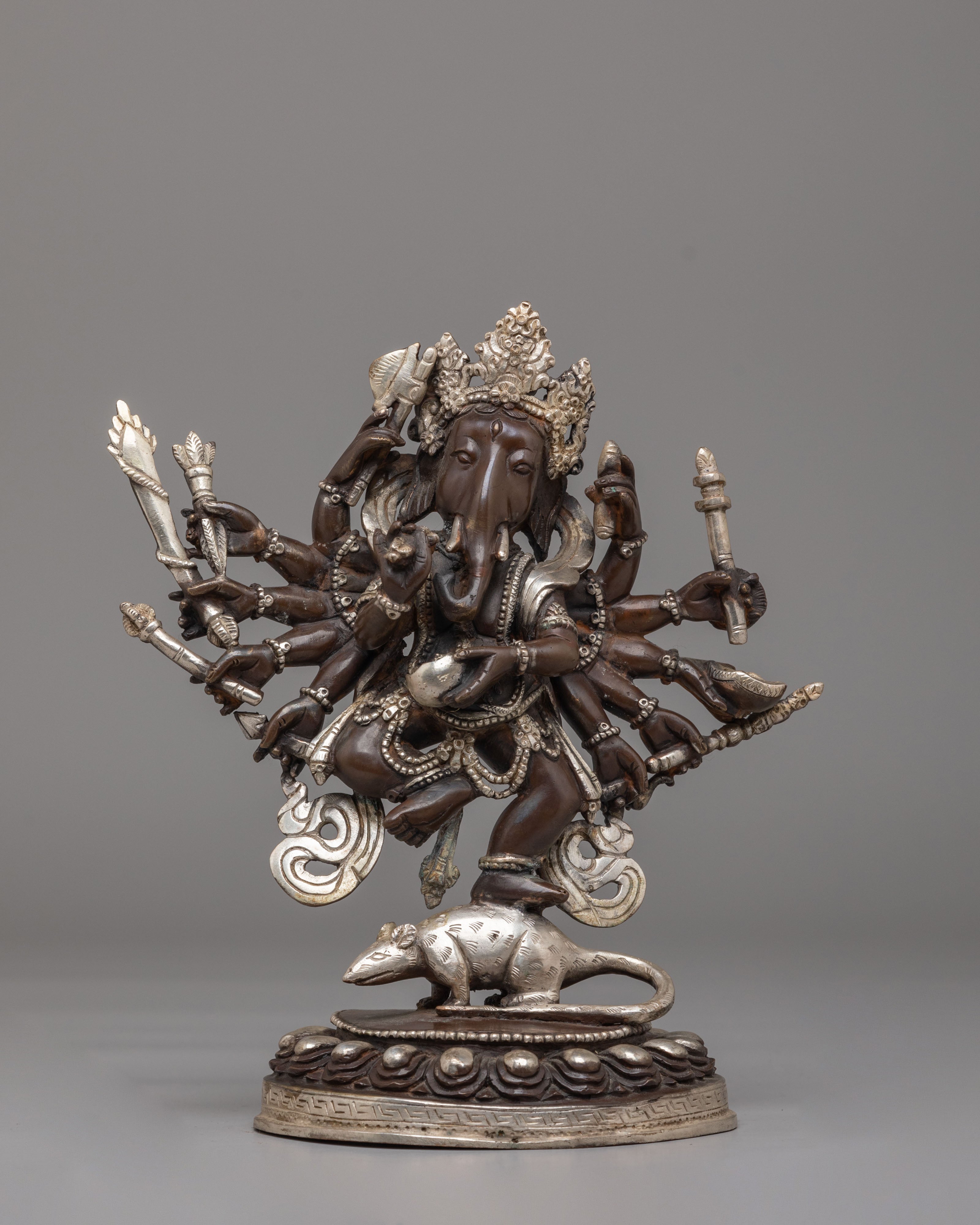 12-Armed Maha Rakta Ganesha Statue | Silver Plated Copper Deity