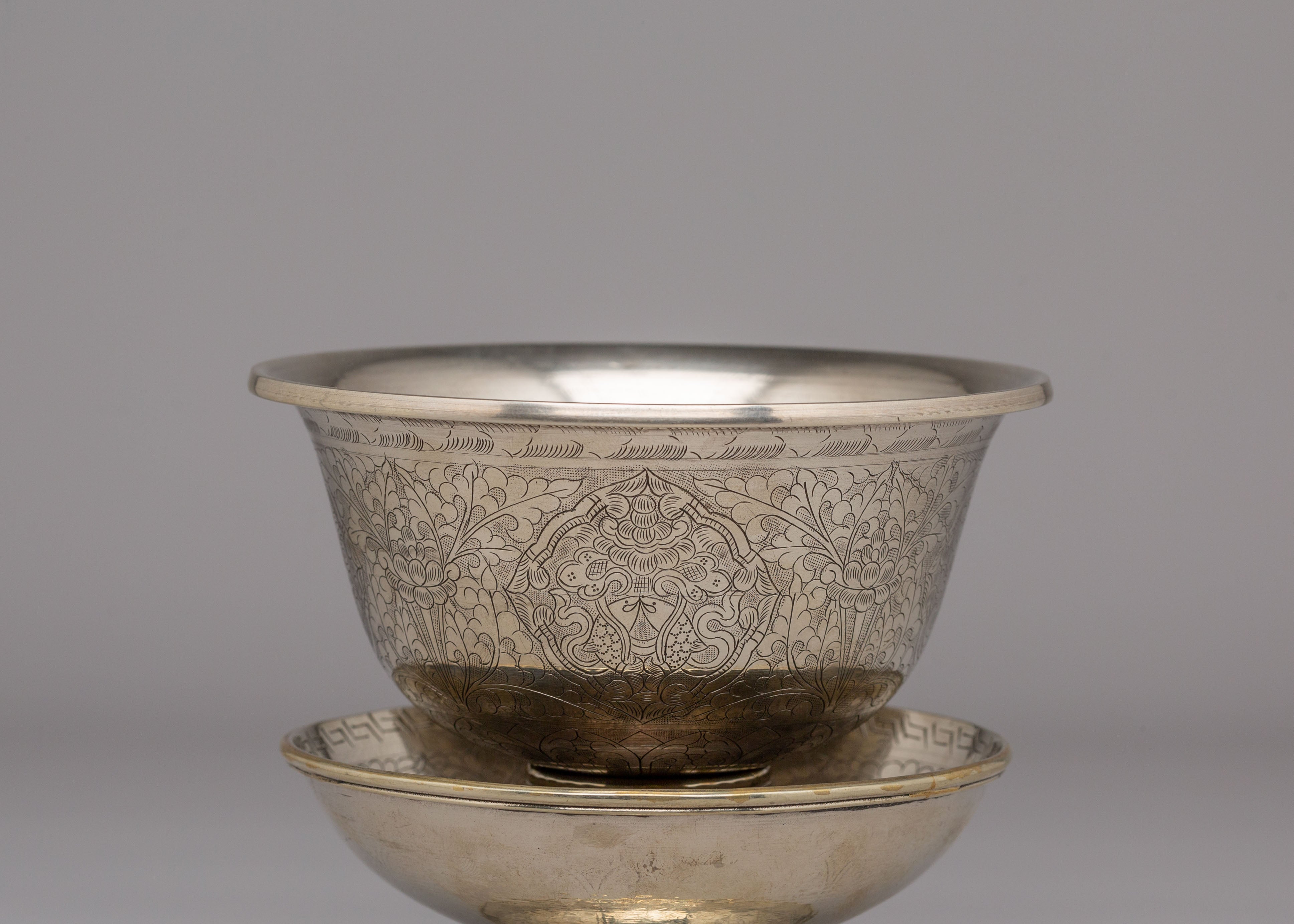 Tibetan Ritual Tea Cup Set | White Metal Ritual Cups for Altar Decor