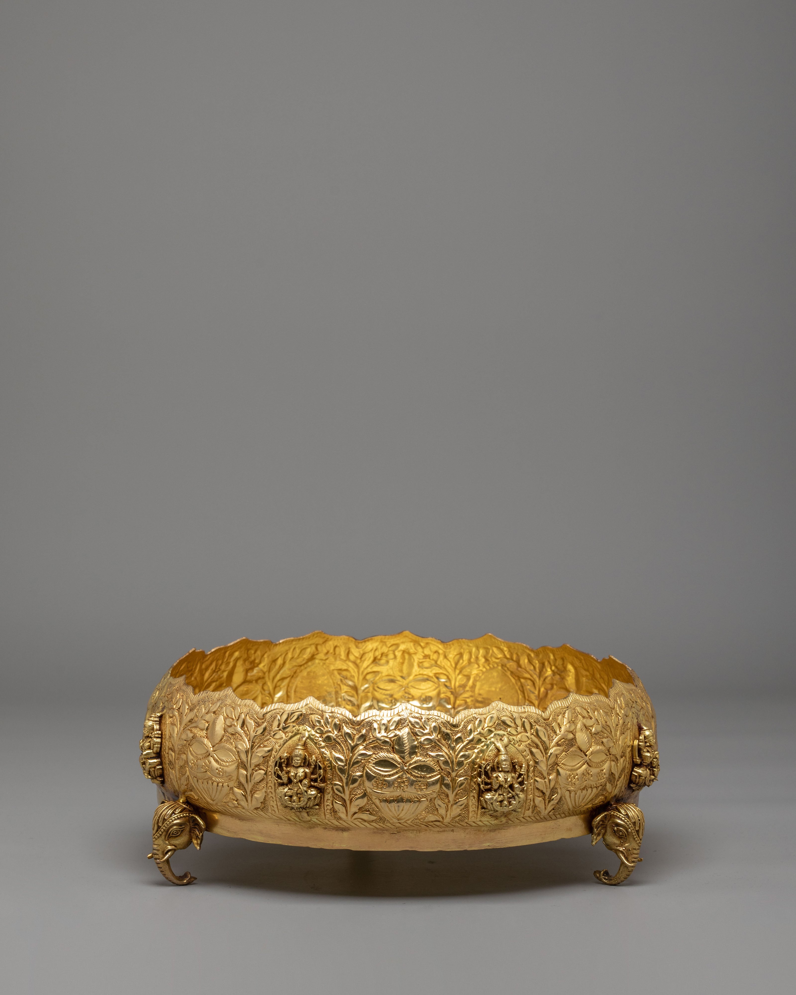Himalayan Spiritual Urli Bowl | Brass with Elephant Legs & Deity Engravings