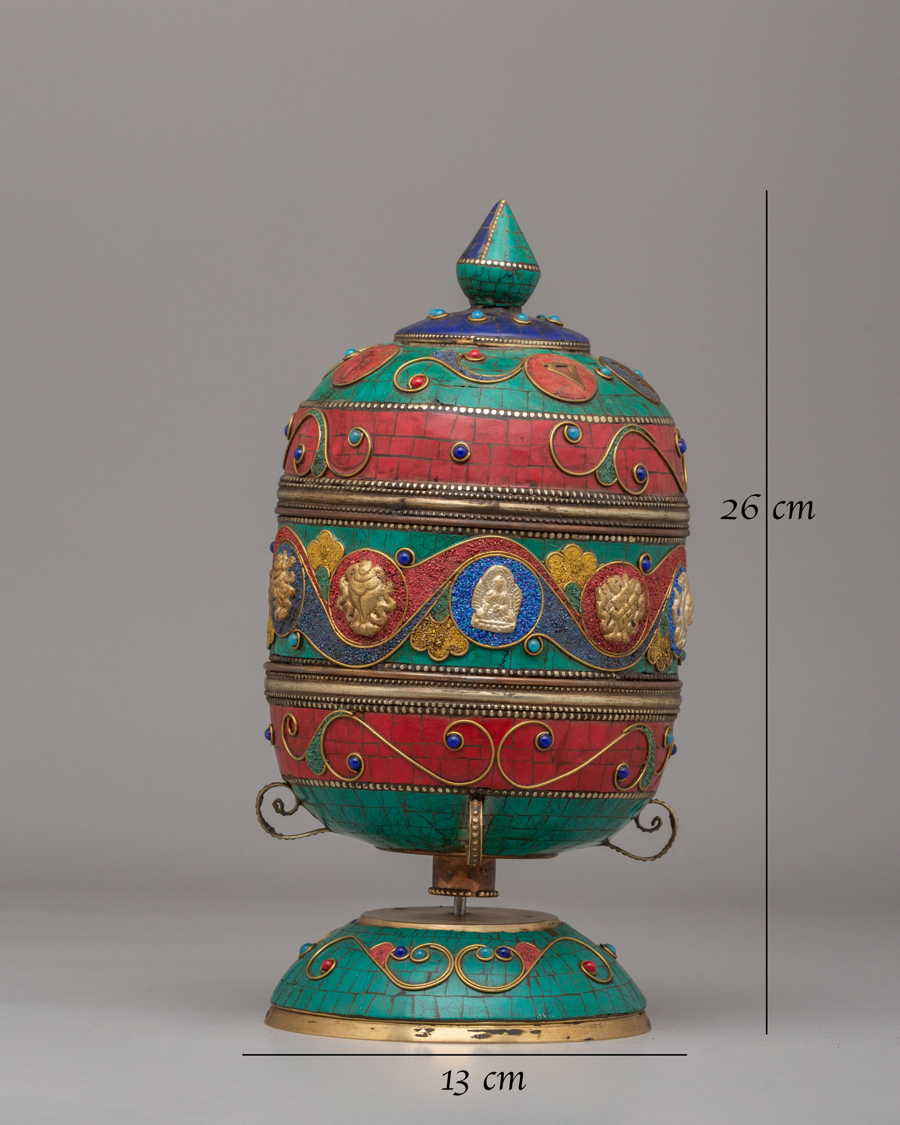 Handmade Blessing Prayer Wheel | Shakyamuni Buddha and Auspicious Symbol Design