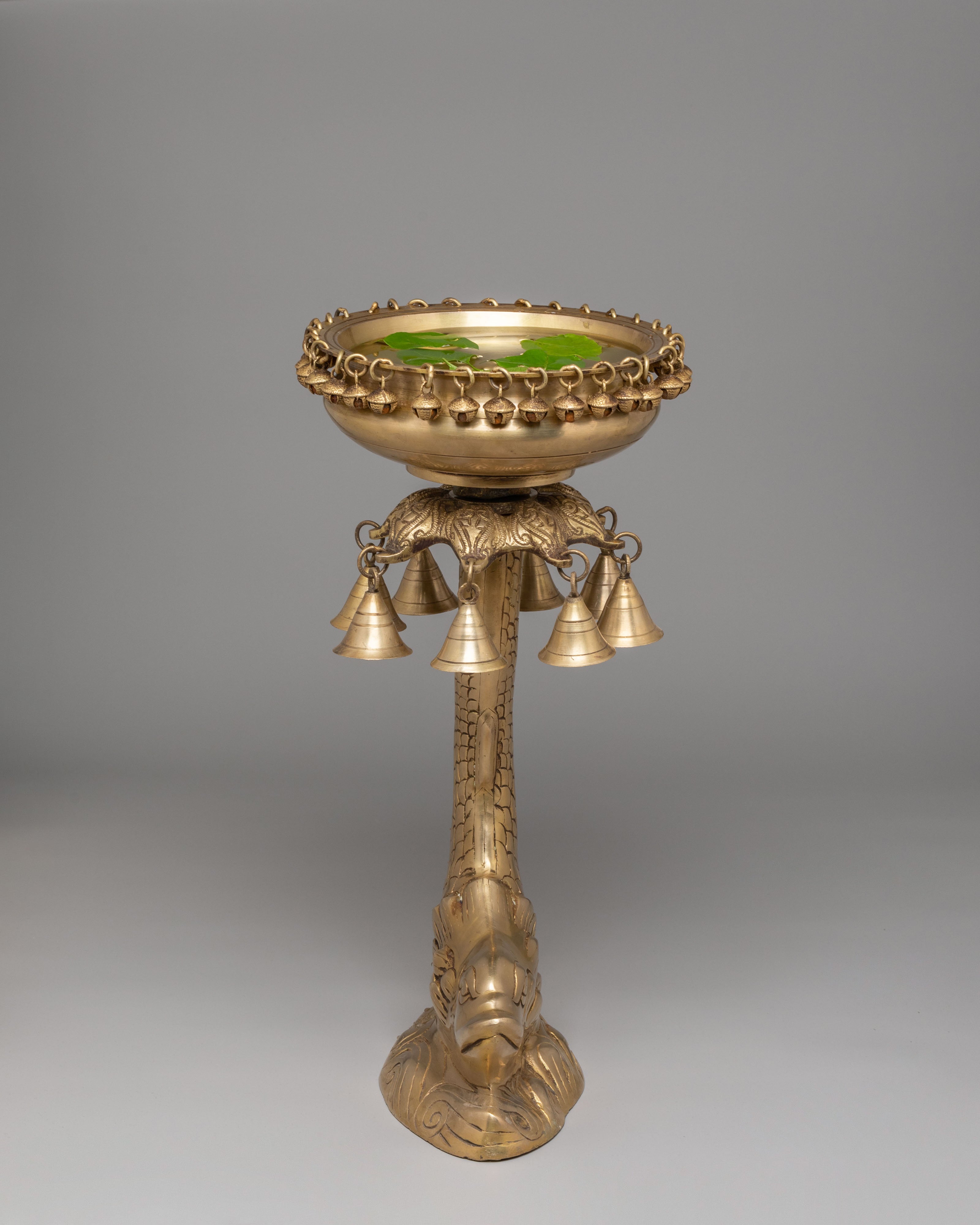 Sacred Altar Decorative Urli Bowl | Fish-Shaped Base with Hanging Bells