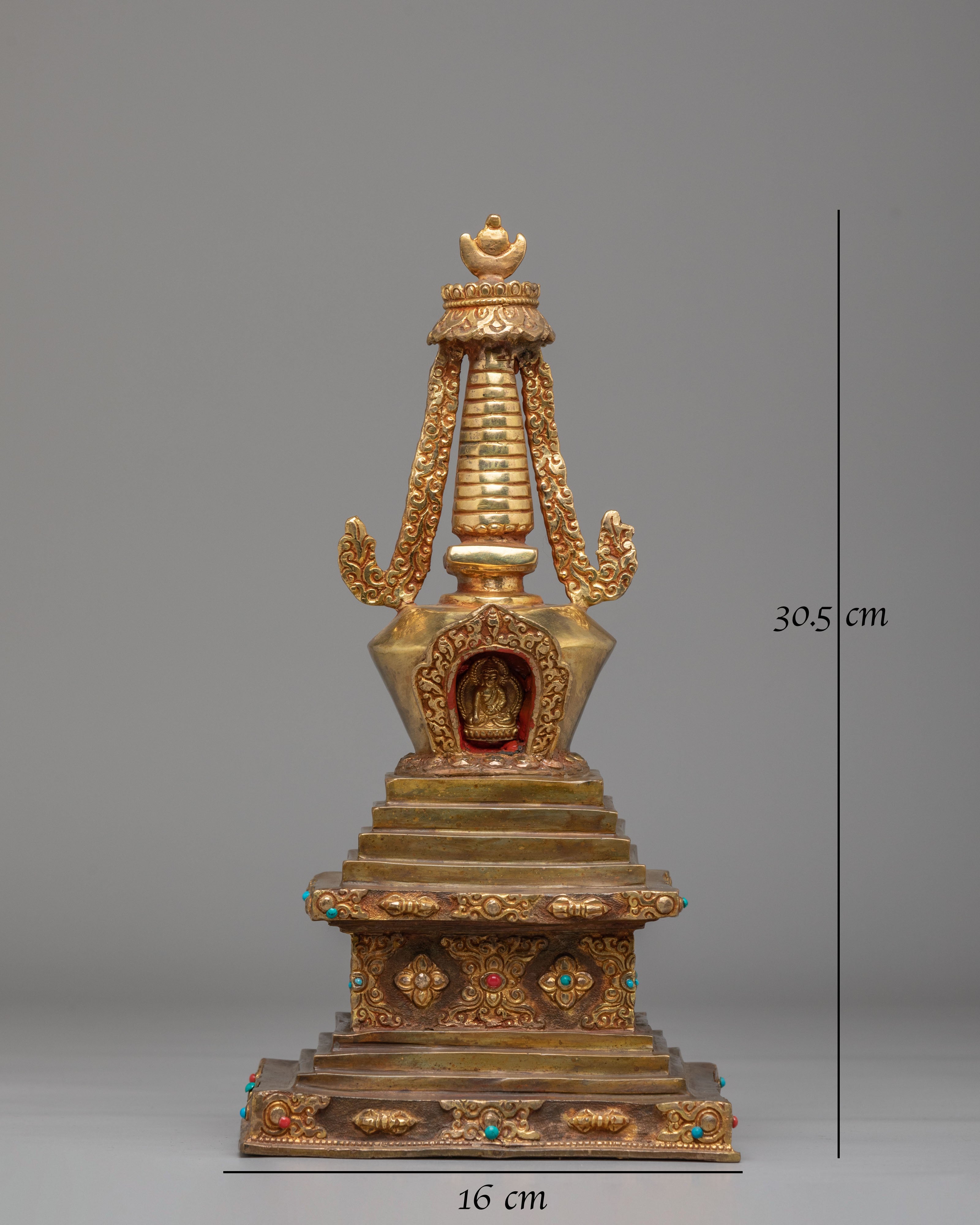 Sacred Altar Enlightenment Chorten | Gold Plated Copper Altar Sculpture