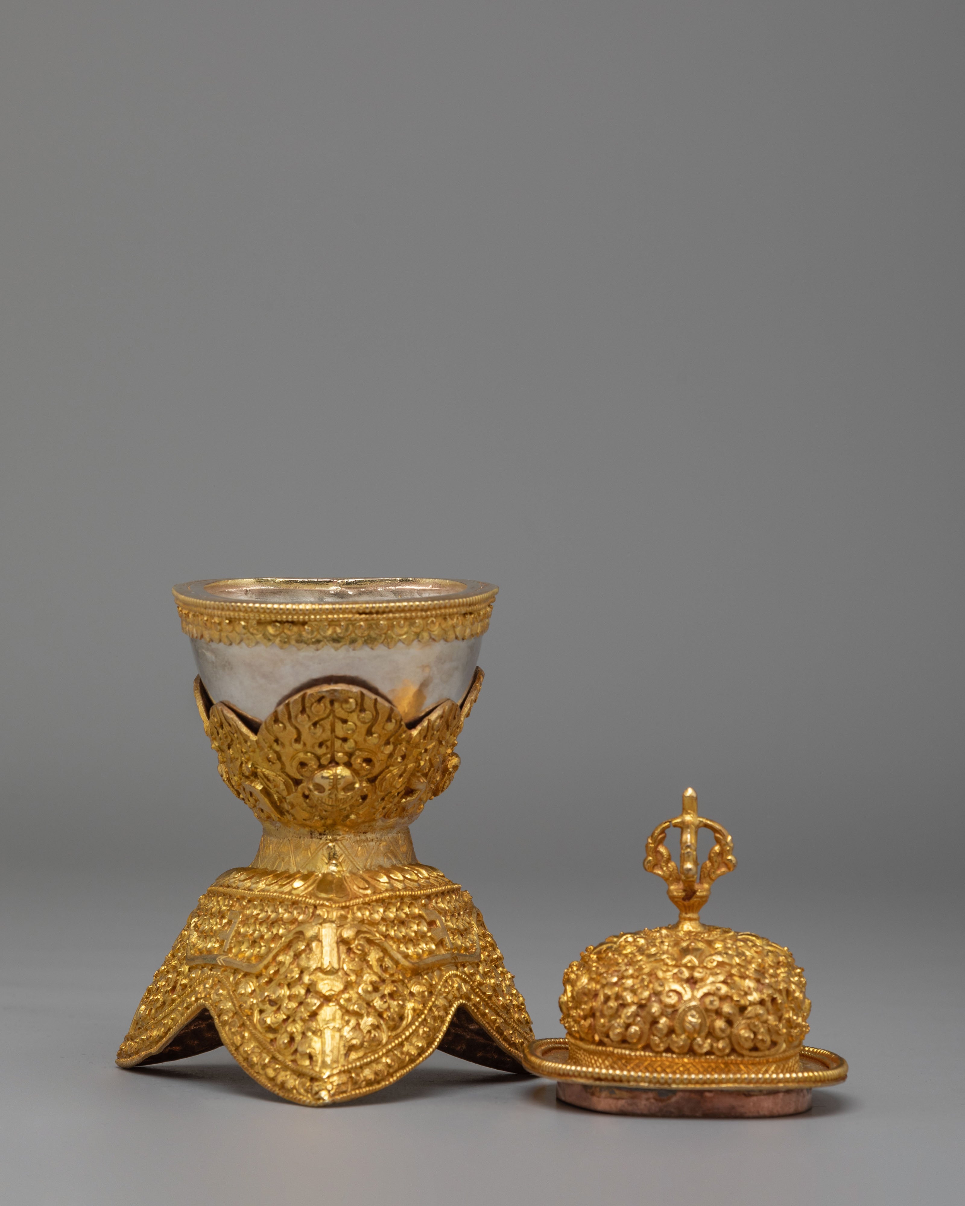 Spiritual Handcrafted Ritual Kapala Set | Gold & Silver Plated Tibetan Vessels