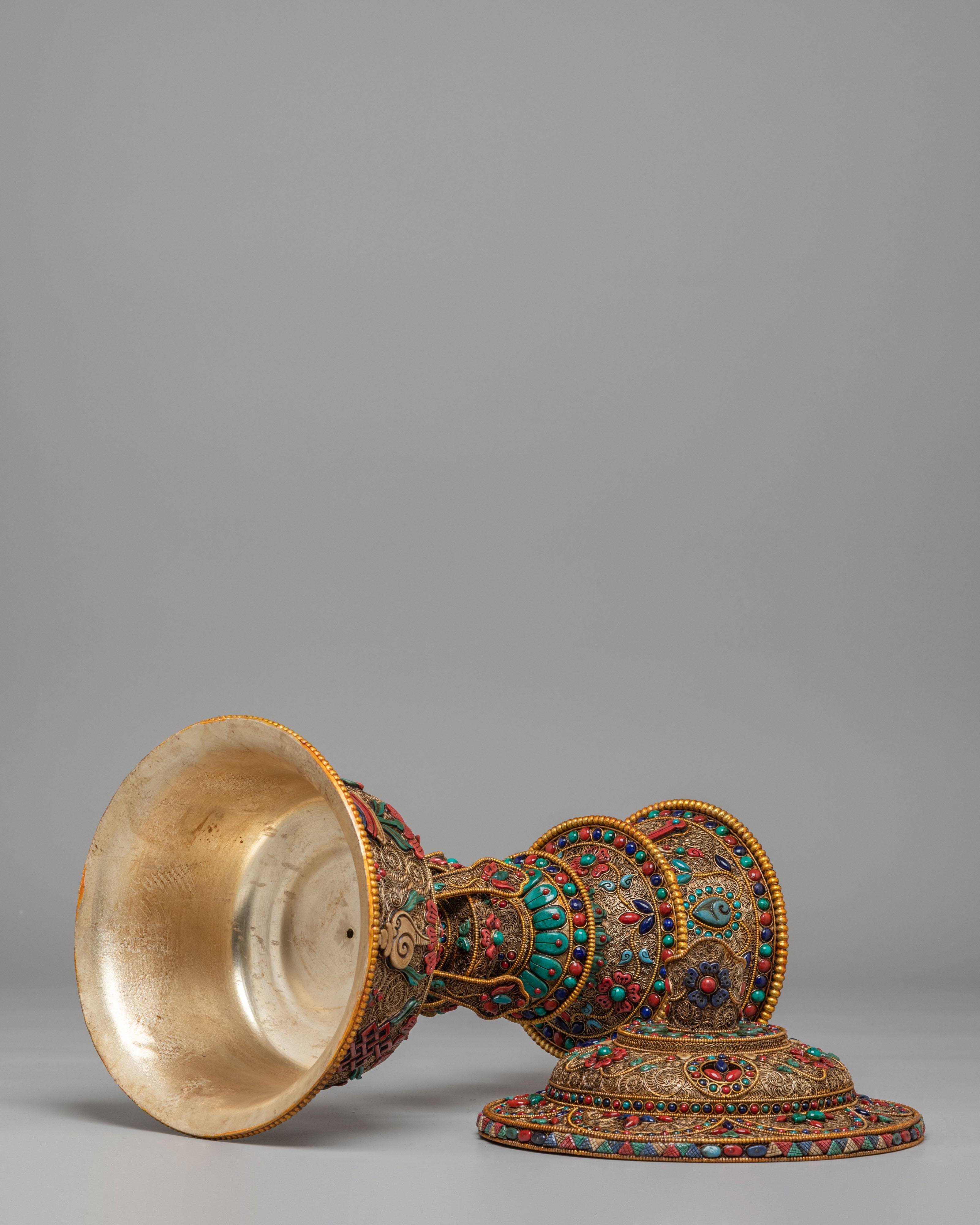 Buddhist Altar Butter Lamp Set | Gemstone Inlaid Copper Offering Lamps