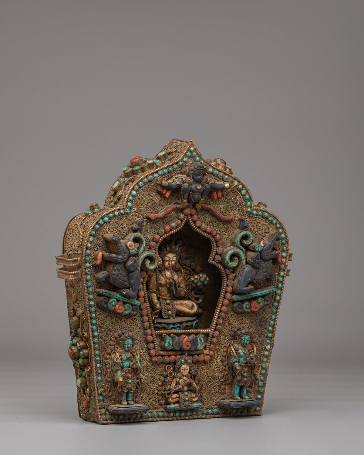 Handcrafted Ghau Box with Deity | Copper Ritual Box with Gemstones