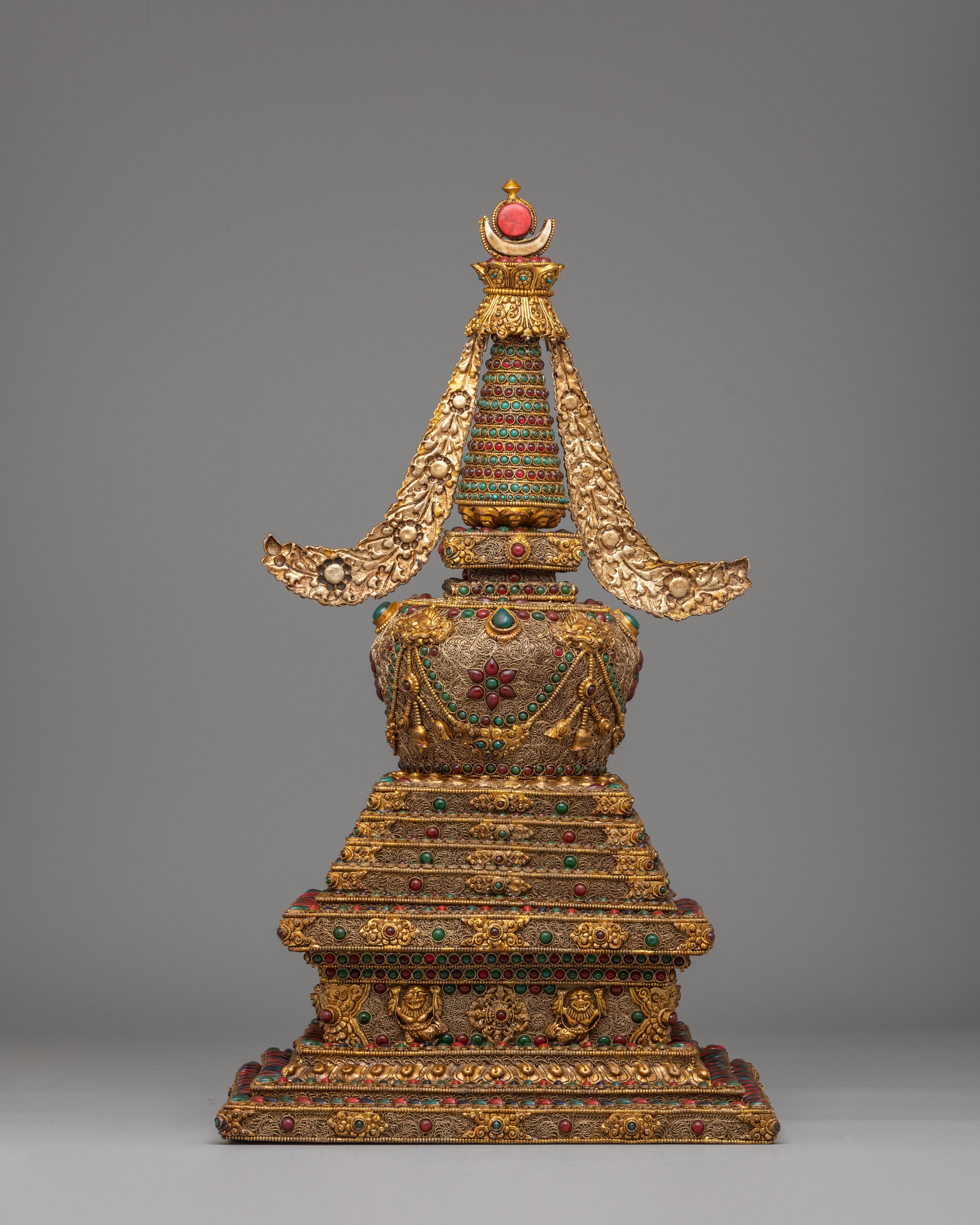 Gold-Plated Enlightenment Chorten | Handmade Buddhist Altar Decor