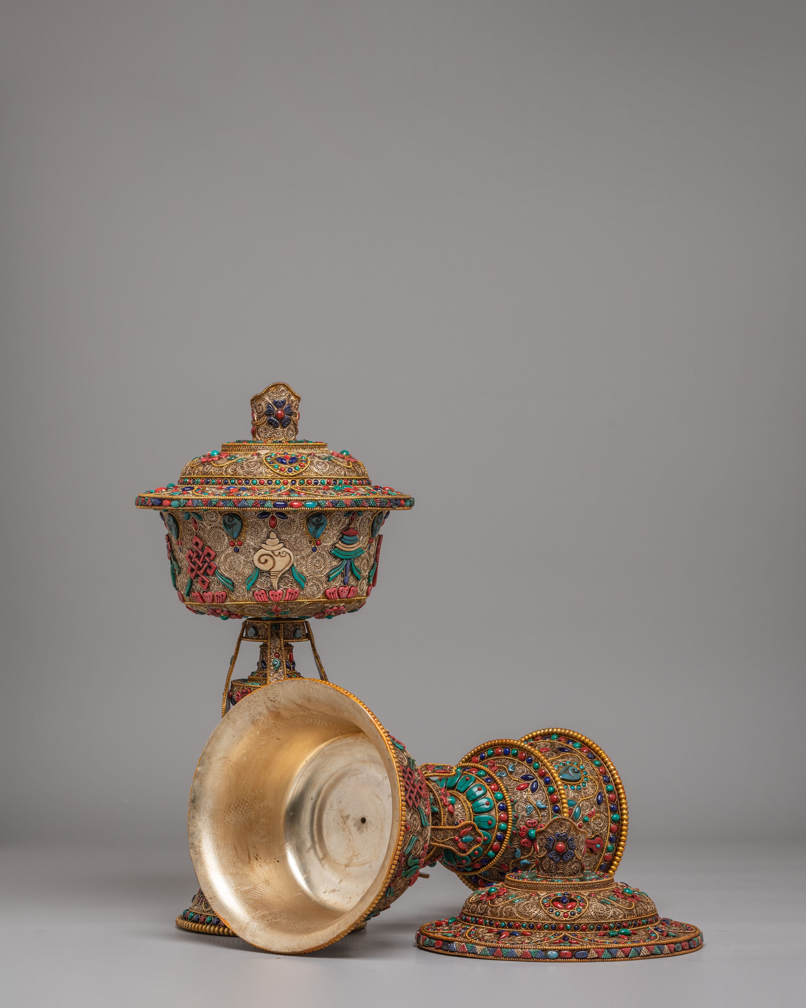 Buddhist Altar Butter Lamp Set | Gemstone Inlaid Copper Offering Lamps