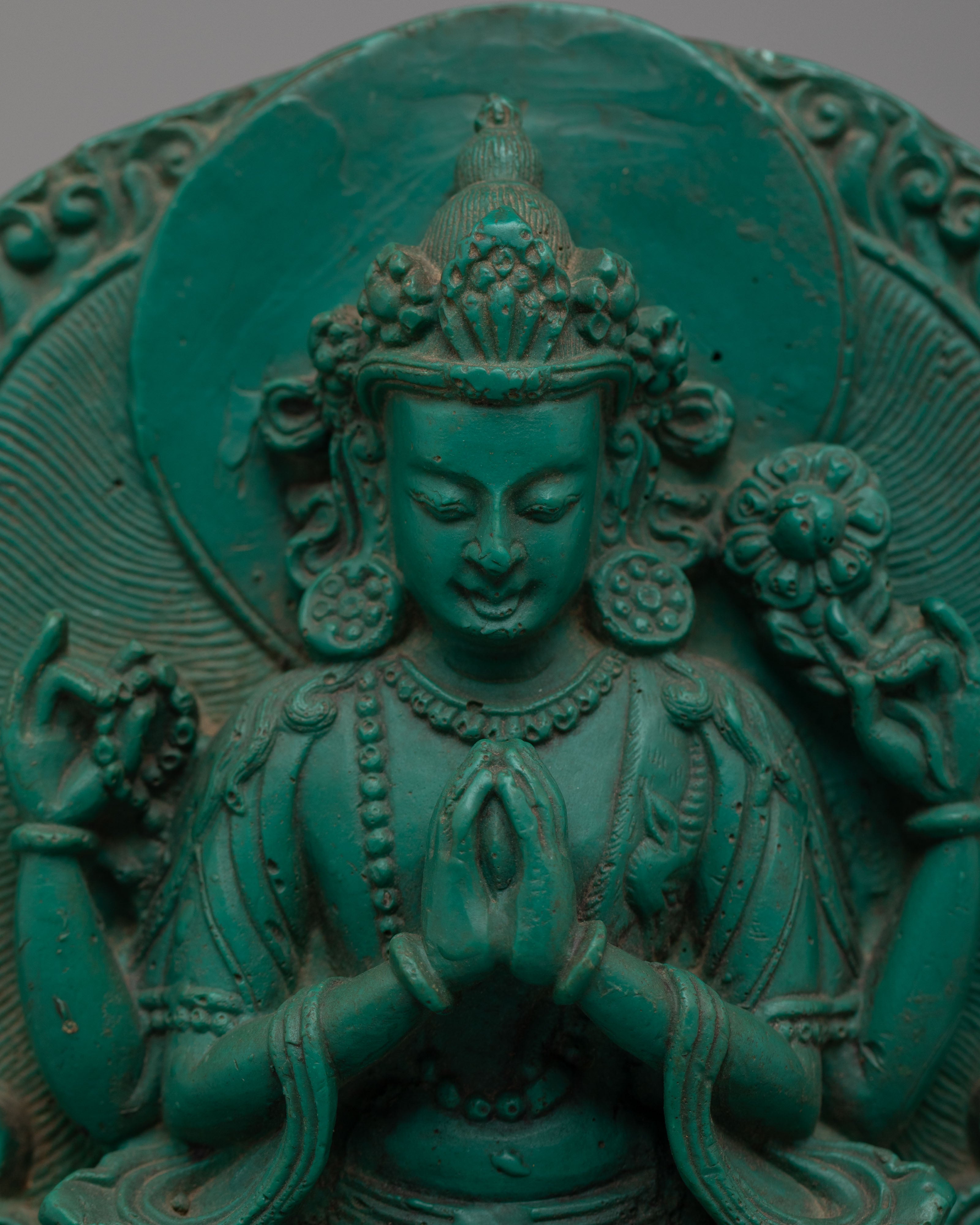 Tibetan Avalokiteshvara Statue | Compressed Turquoise Buddhist Compassion Sculpture