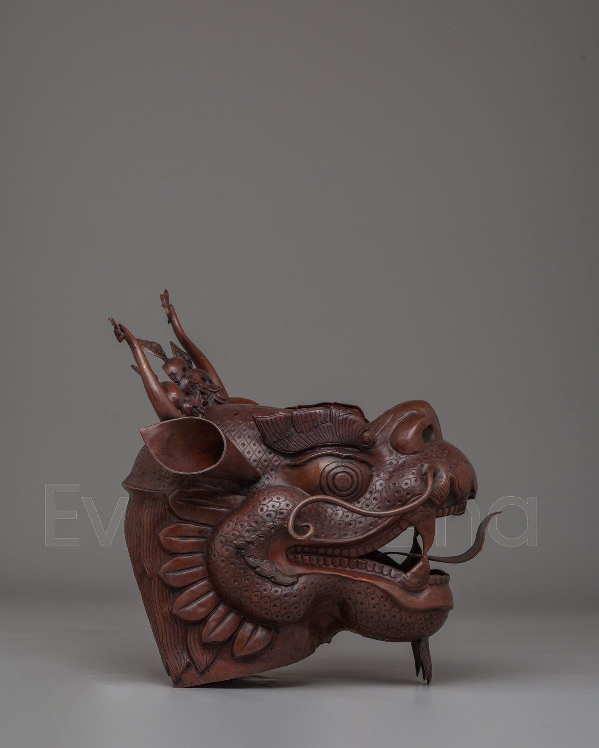 Carved Dragon Head Sculpture | Traditional Oxidized Copper Artwork
