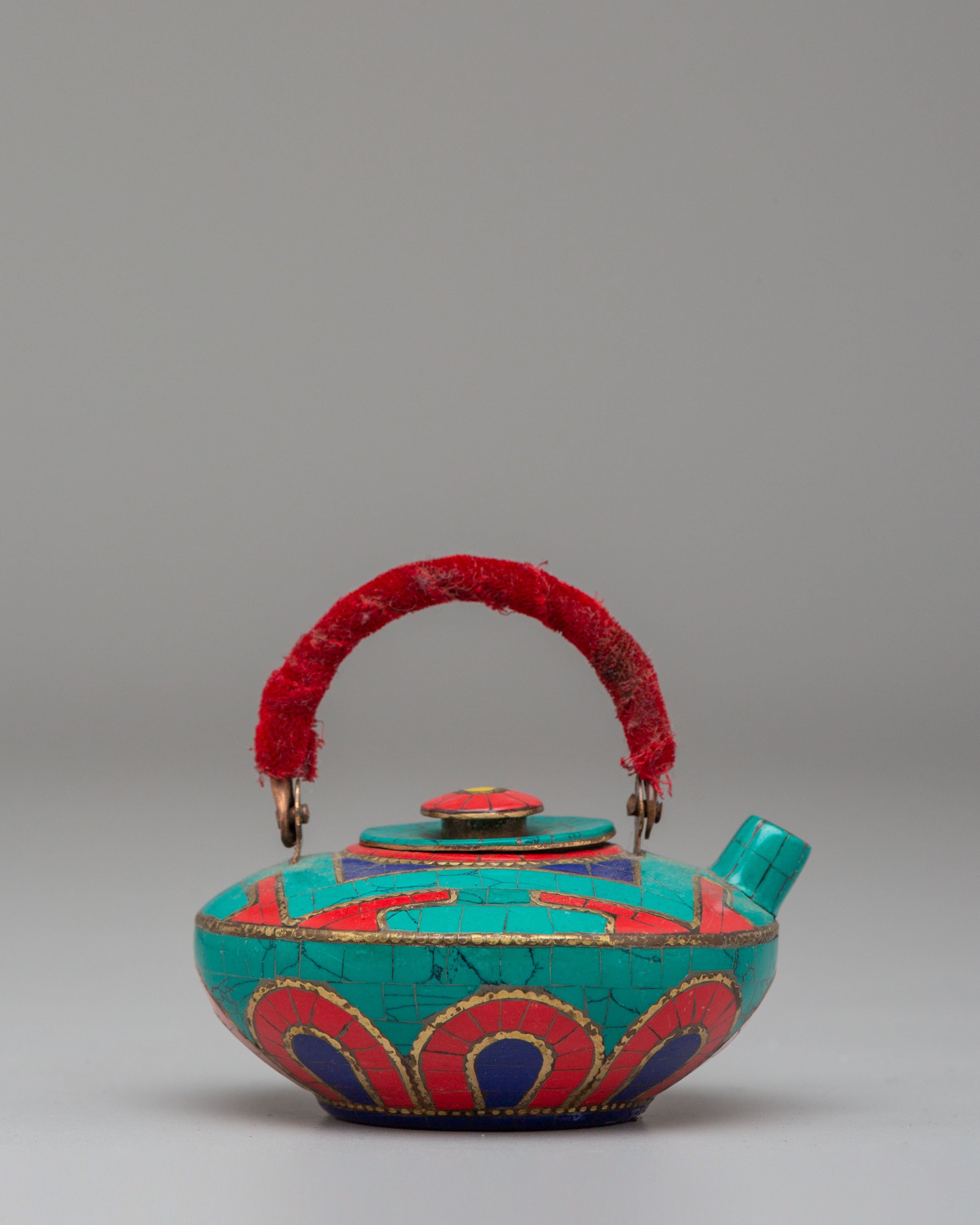 Handcrafted Copper Tea Pot | Teapot with Coral and Turquoise Stones