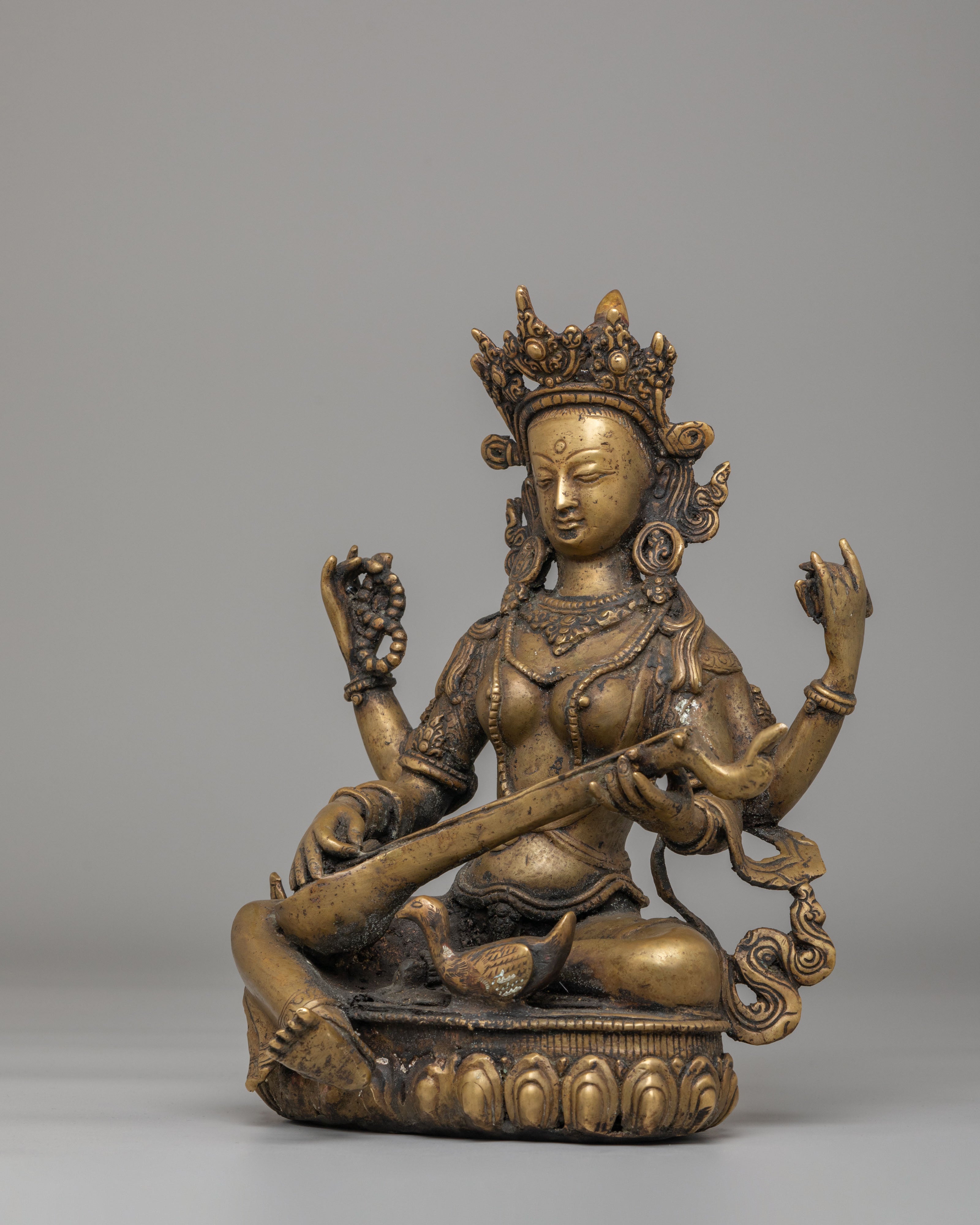 Handmade Saraswati Goddess Statue | Oxidized Copper Goddess of Knowledge