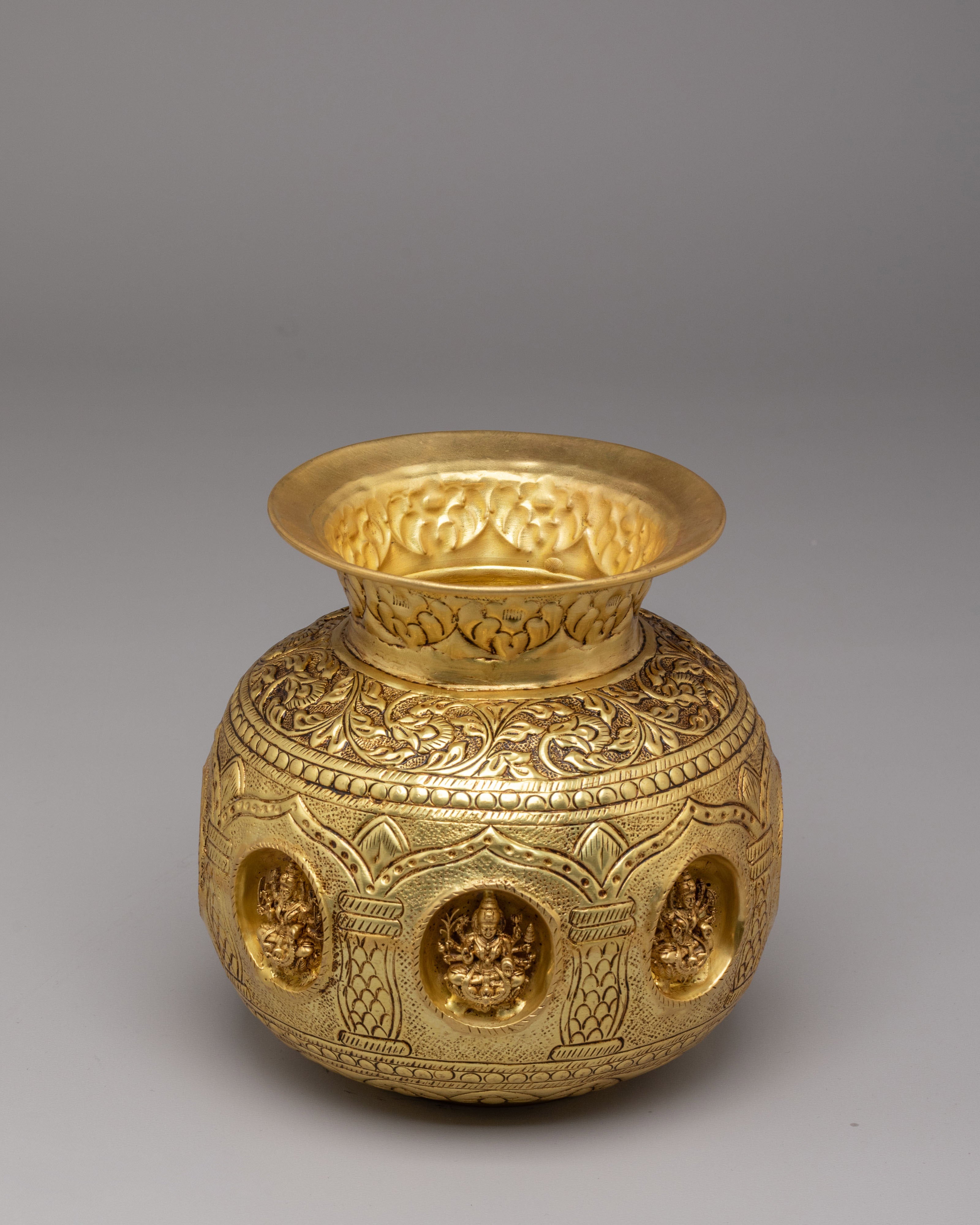 Deities Carved Kalash | Brass Sacred Vessel | Handcrafted Altar Ornament