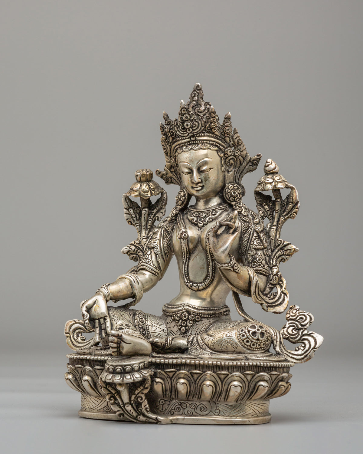 Green Tara Mother of Liberation Statue | Silver Plated Copper Buddhist Sculpture