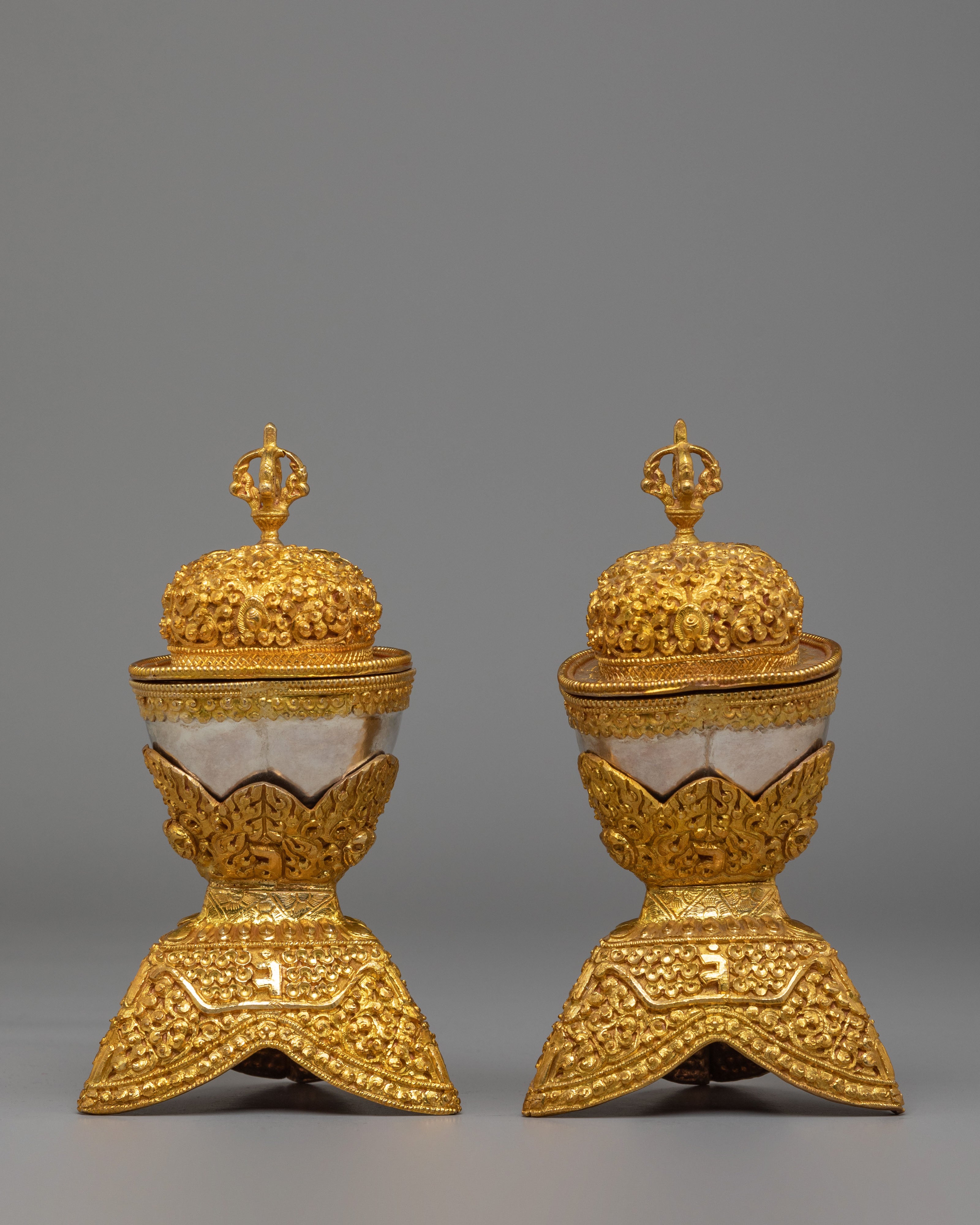 Spiritual Handcrafted Ritual Kapala Set | Gold & Silver Plated Tibetan Vessels