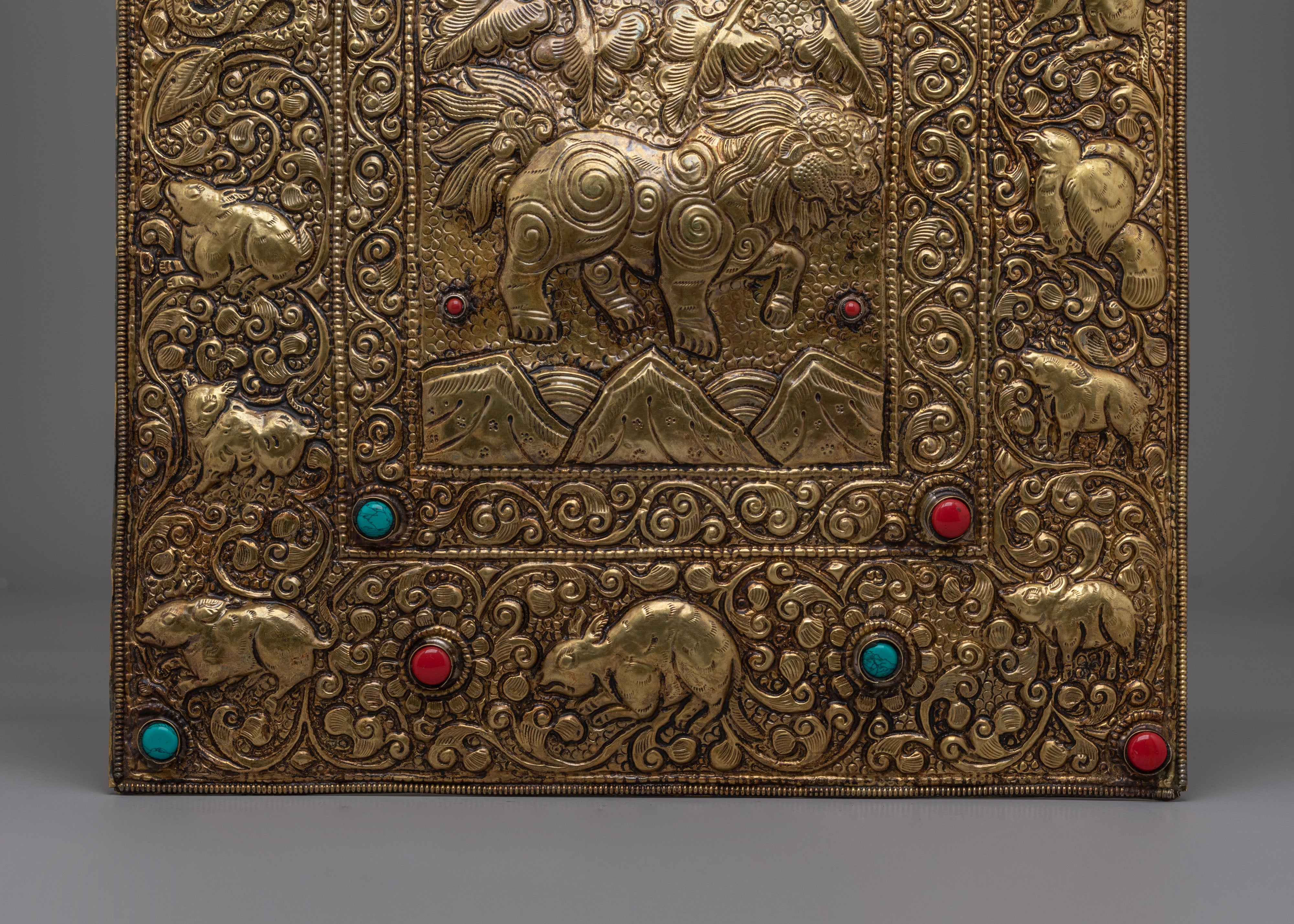 Decorative Tibetan Wall Hanging | Gemstone Inlaid Copper Art