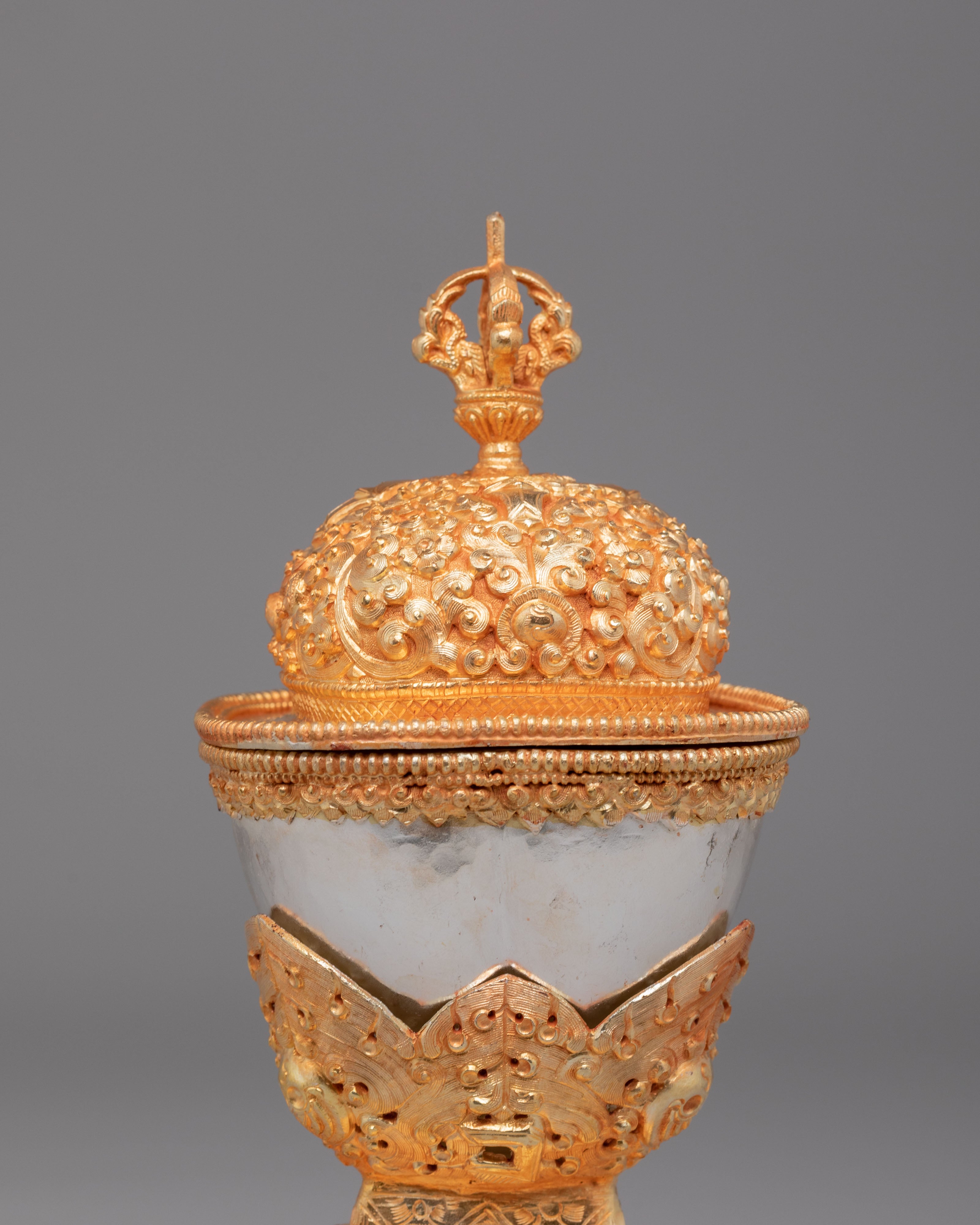 Tibetan Altar Offering Kapala | Copper Body with Electro Gold & Silver Plating