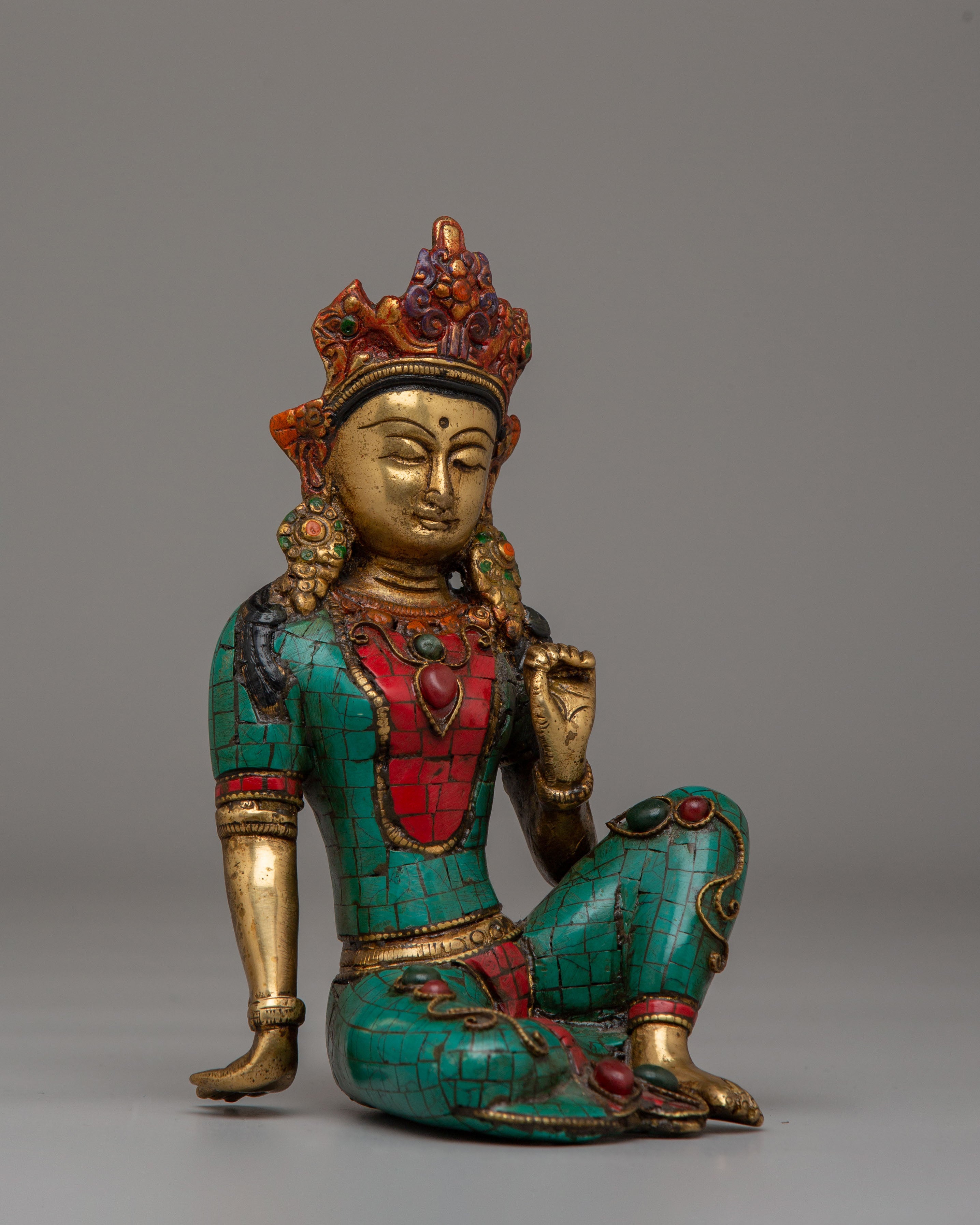 Traditional Tara Deity Statue | Green Tara Goddess Sculpture with Turquoise