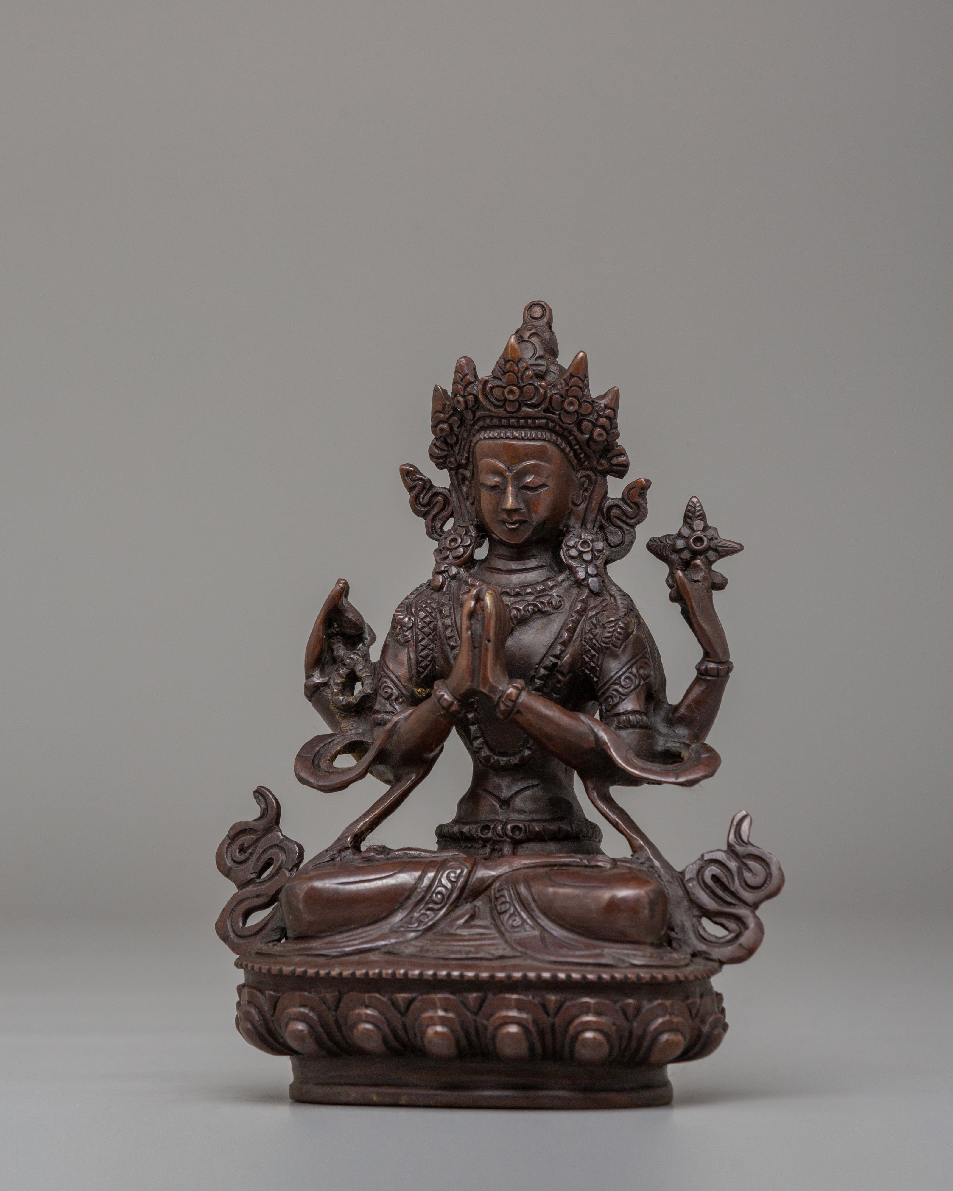 Handmade Chenrezig Altar Statue | Oxidized Copper Avalokiteshvara Sculpture