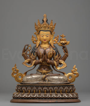 Handcrafted Copper Sculpture of Chenrezig with 24K Gold Gilding and Silver Plating