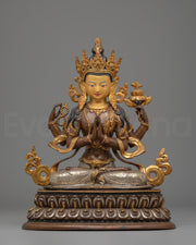 Handcrafted Copper Sculpture of Chenrezig with 24K Gold Gilding and Silver Plating