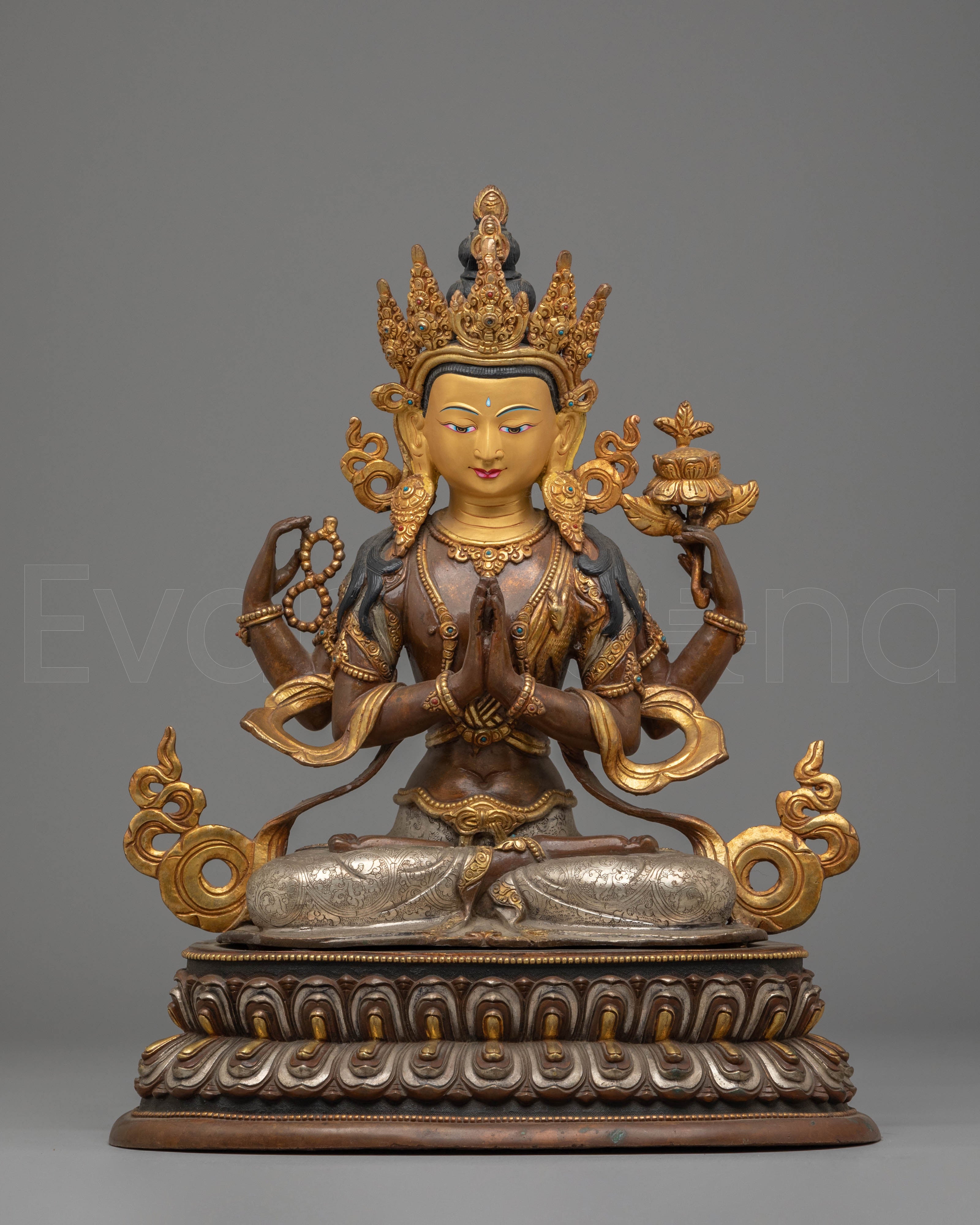 Handcrafted Copper Sculpture of Chenrezig with 24K Gold Gilding and Silver Plating