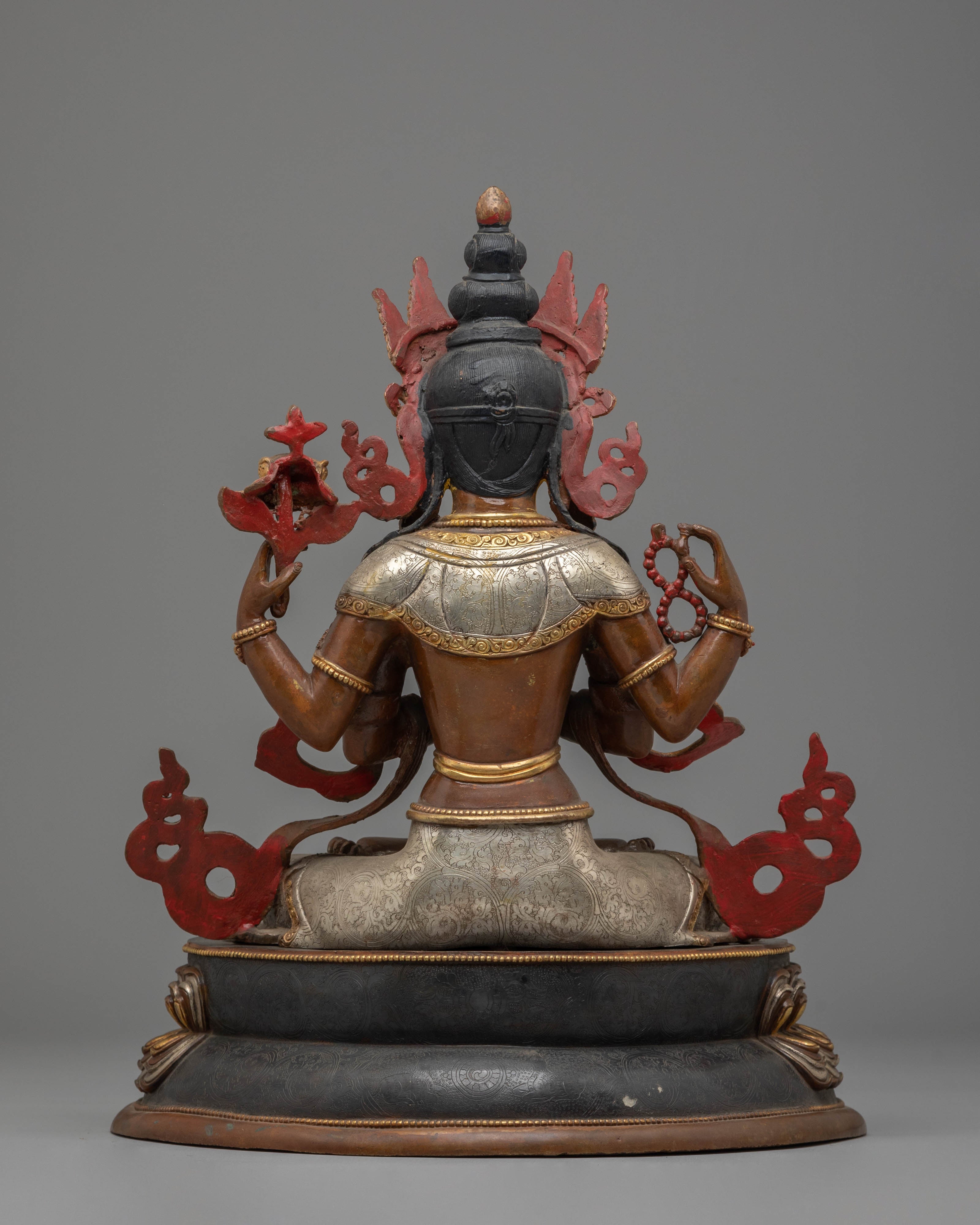 Handcrafted Copper Sculpture of Chenrezig with 24K Gold Gilding and Silver Plating
