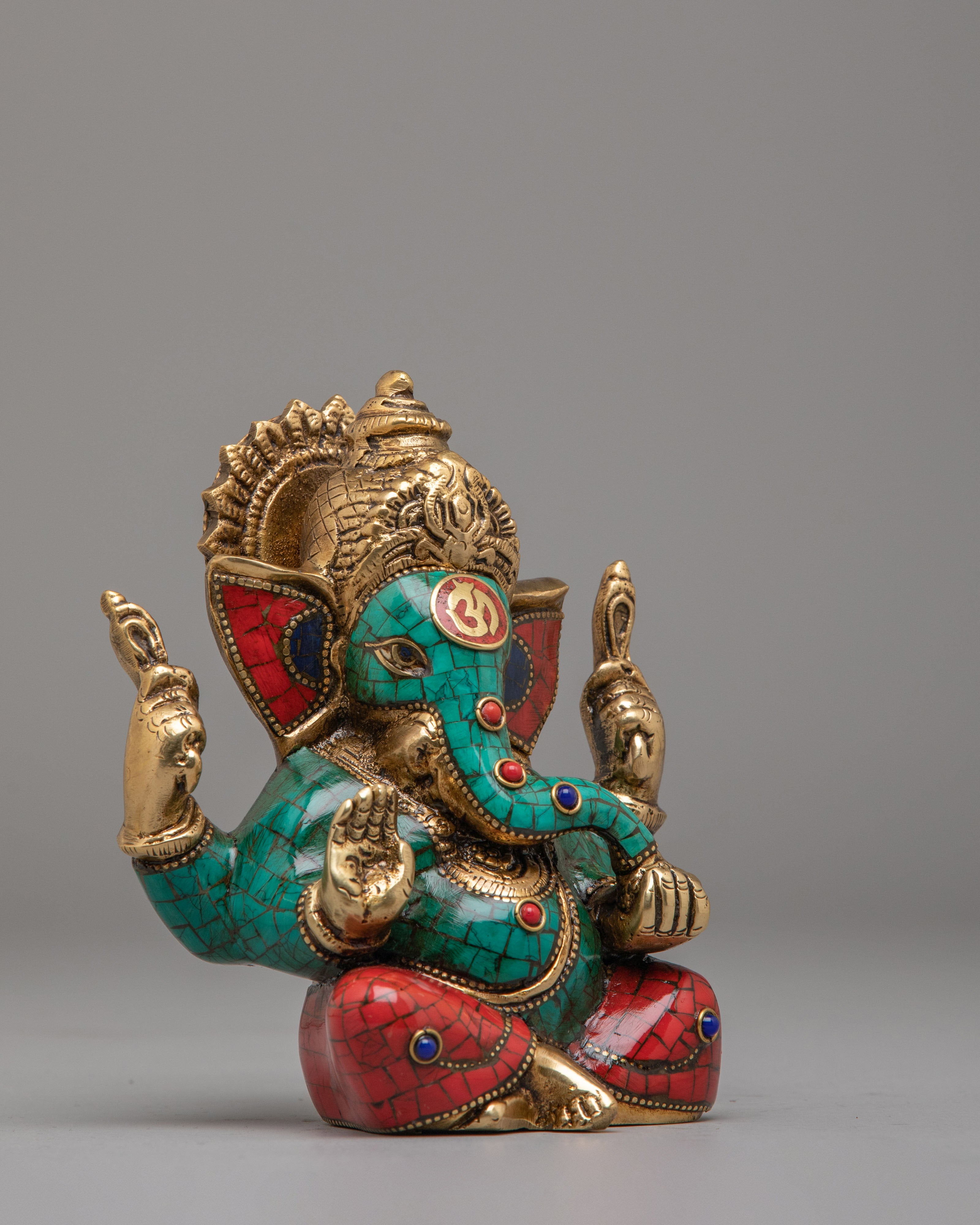 Turquoise Ganesha Statue | Handcrafted Gemstone Brass Hindu Deity Sculpture