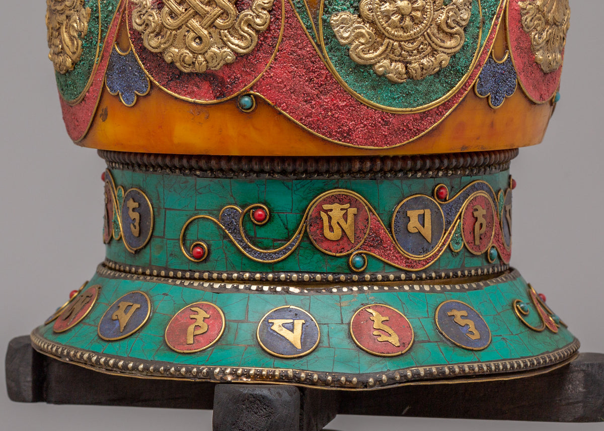 Auspicious Symbol Prayer Wheel | Handcrafted Tibetan Buddhist Ritual Object